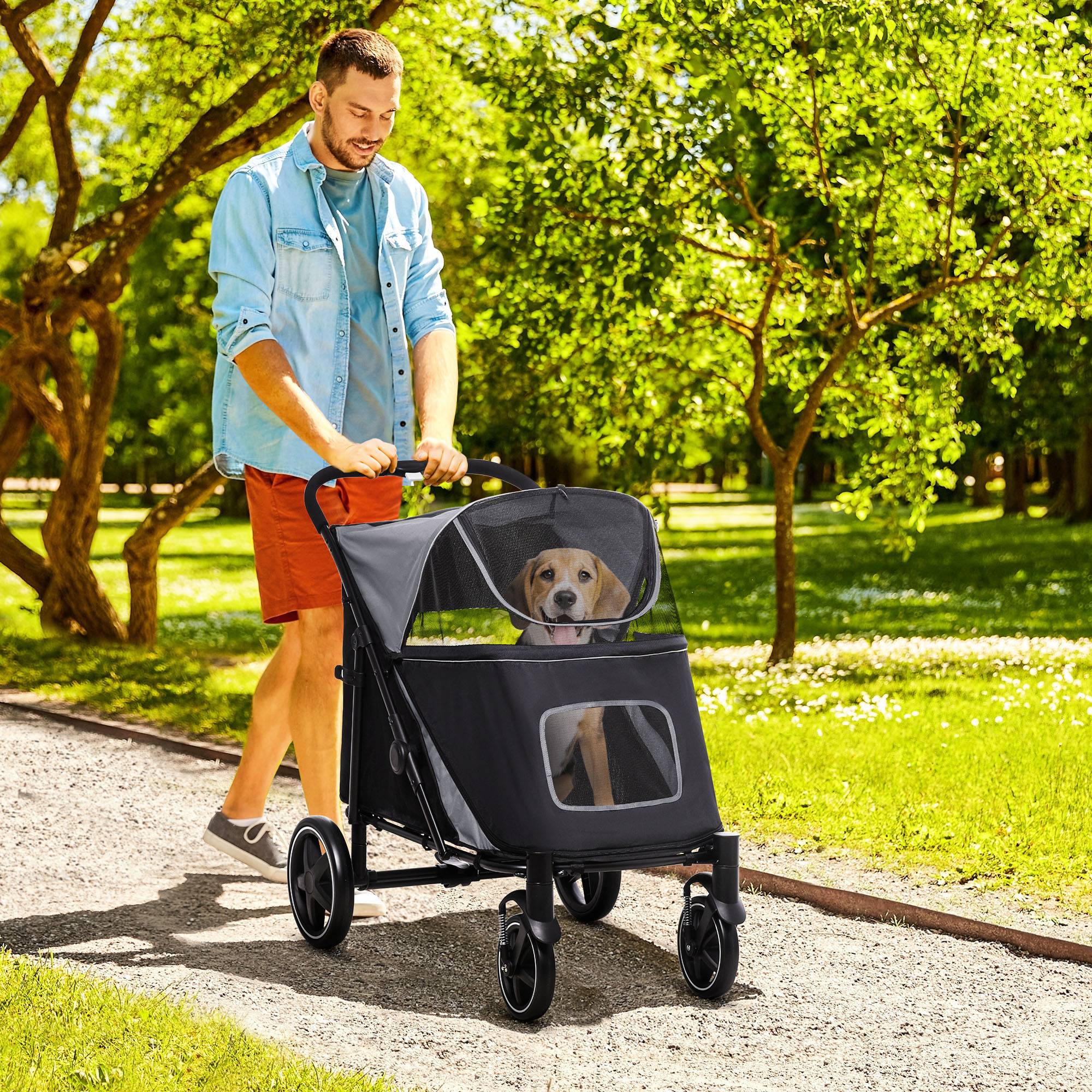 Poussette pour chien pliable, avec 1 panier de rangement, 112 cm x 65 cm x 100 cm, grise - Image 3