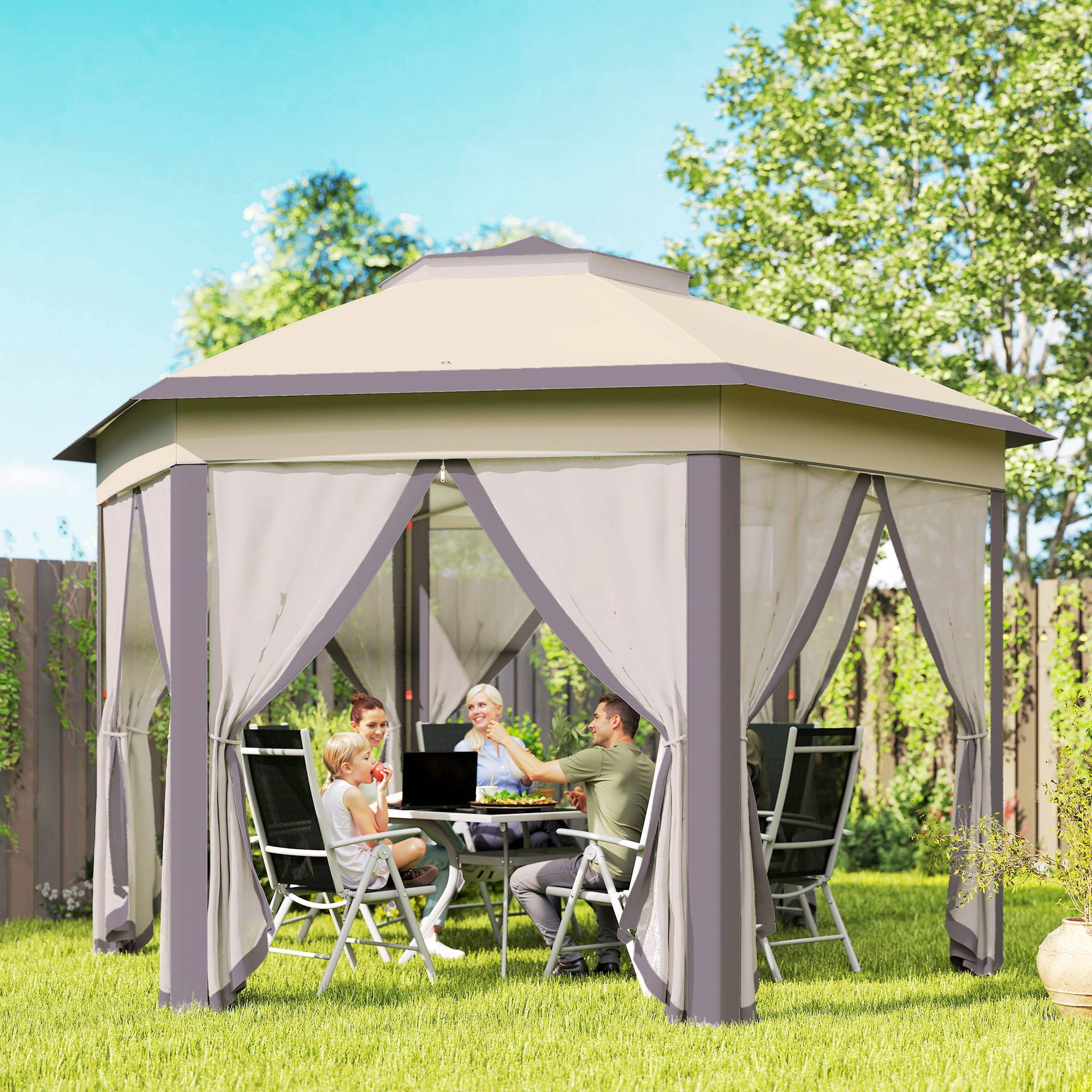 Tente marron et beige 4x3,4 m avec double toit et 6 moustiquaires, abri design sobre pour extérieur pratique et protégé - Image 3
