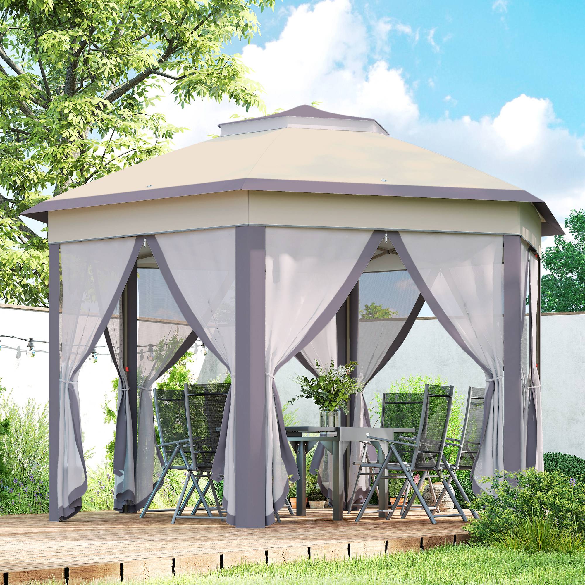 Tente marron et beige 4x3,4 m avec double toit et 6 moustiquaires, abri design sobre pour extérieur pratique et protégé - Image 4