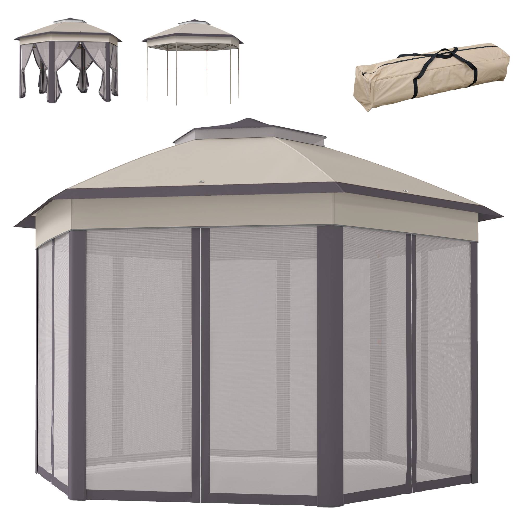 Tente marron et beige 4x3,4 m avec double toit et 6 moustiquaires, abri design sobre pour extérieur pratique et protégé - Image 2
