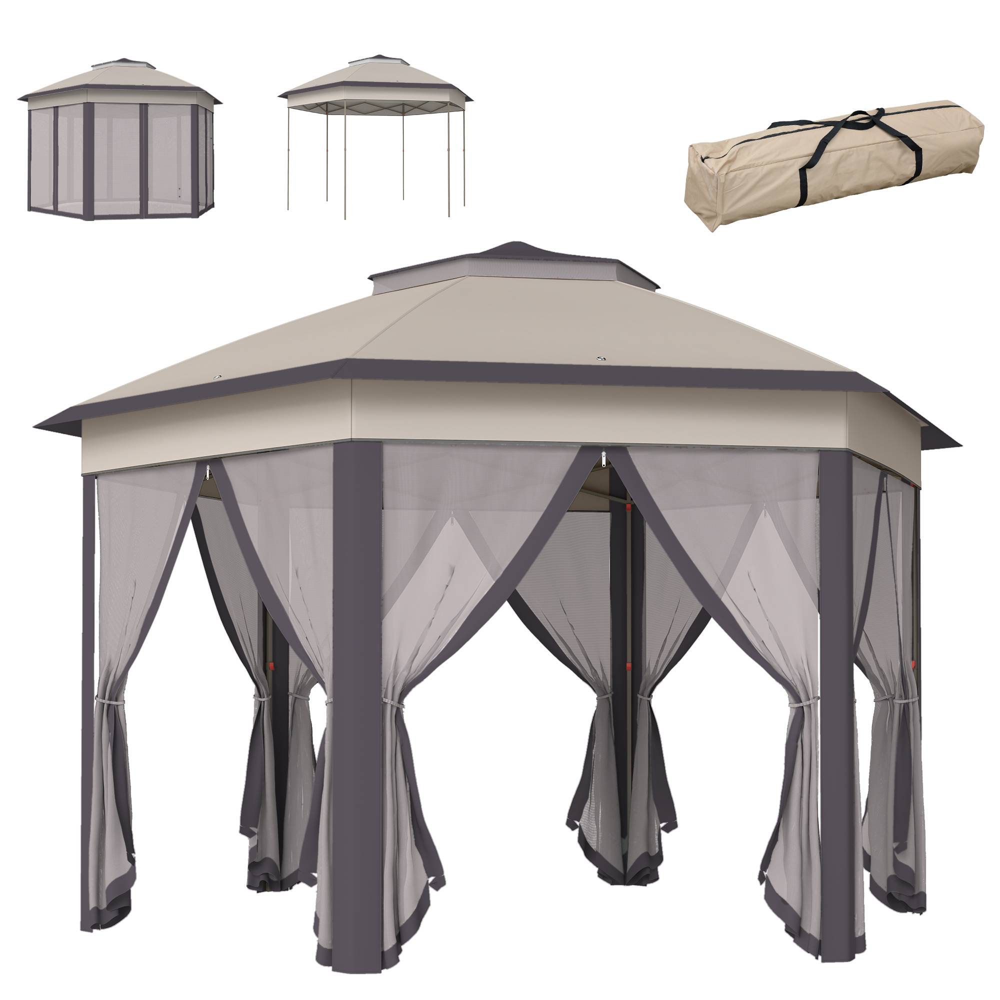 Tente marron et beige 4x3,4 m avec double toit et 6 moustiquaires, abri design sobre pour extérieur pratique et protégé - Image 1