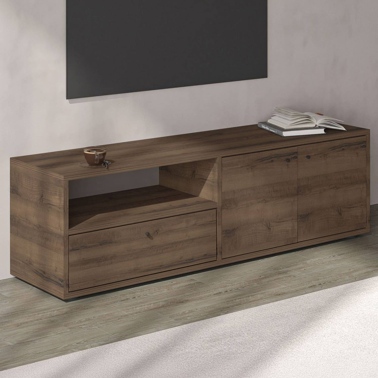 Concept Usine - Meuble TV avec placards et niche aspect bois de noyer 136cm OAKI - Image 3