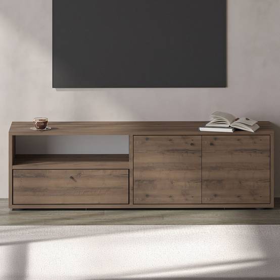 Concept Usine - Meuble TV avec placards et niche aspect bois de noyer 136cm OAKI - Image 2