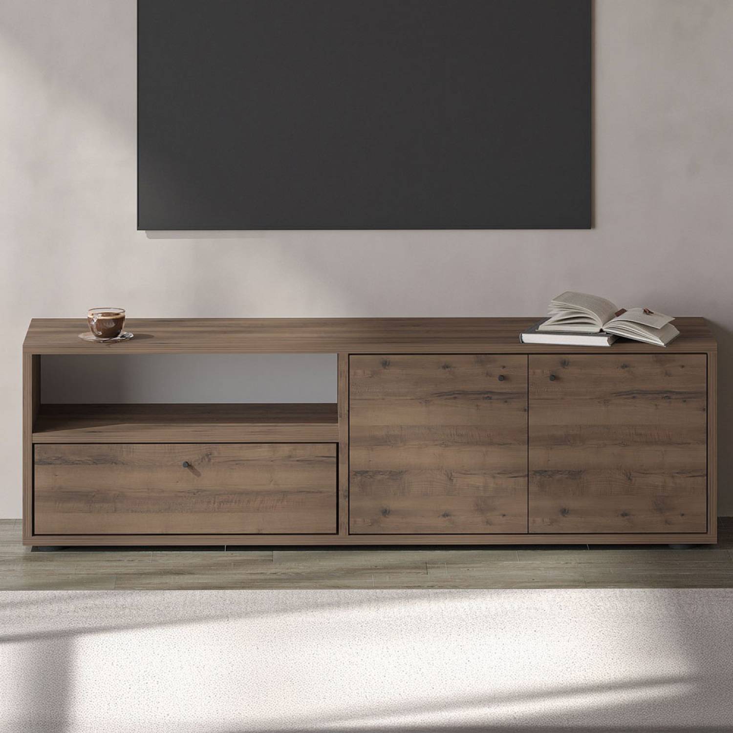 Concept Usine - Meuble TV avec placards et niche aspect bois de noyer 136cm OAKI - Image 2