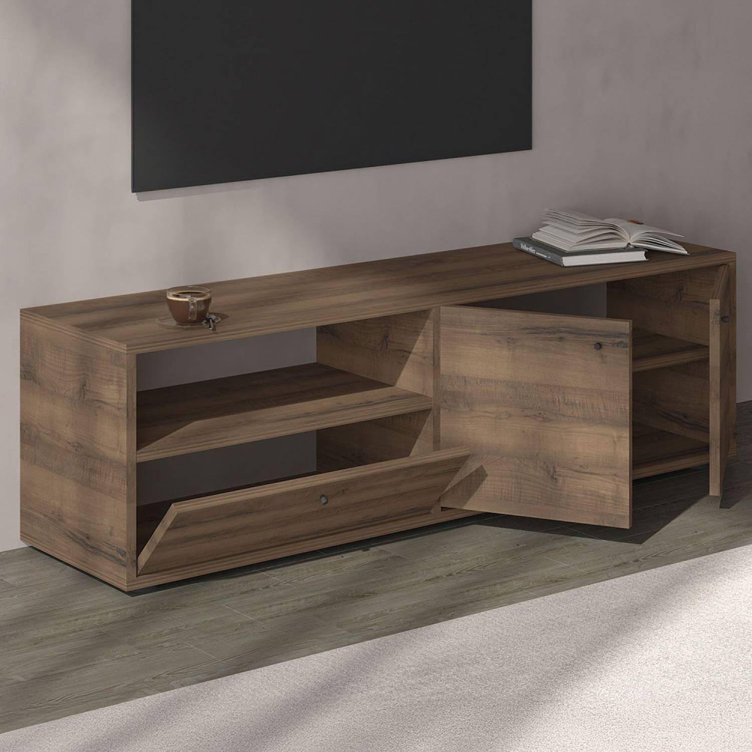 Concept Usine - Meuble TV avec placards et niche aspect bois de noyer 136cm OAKI - Image 5
