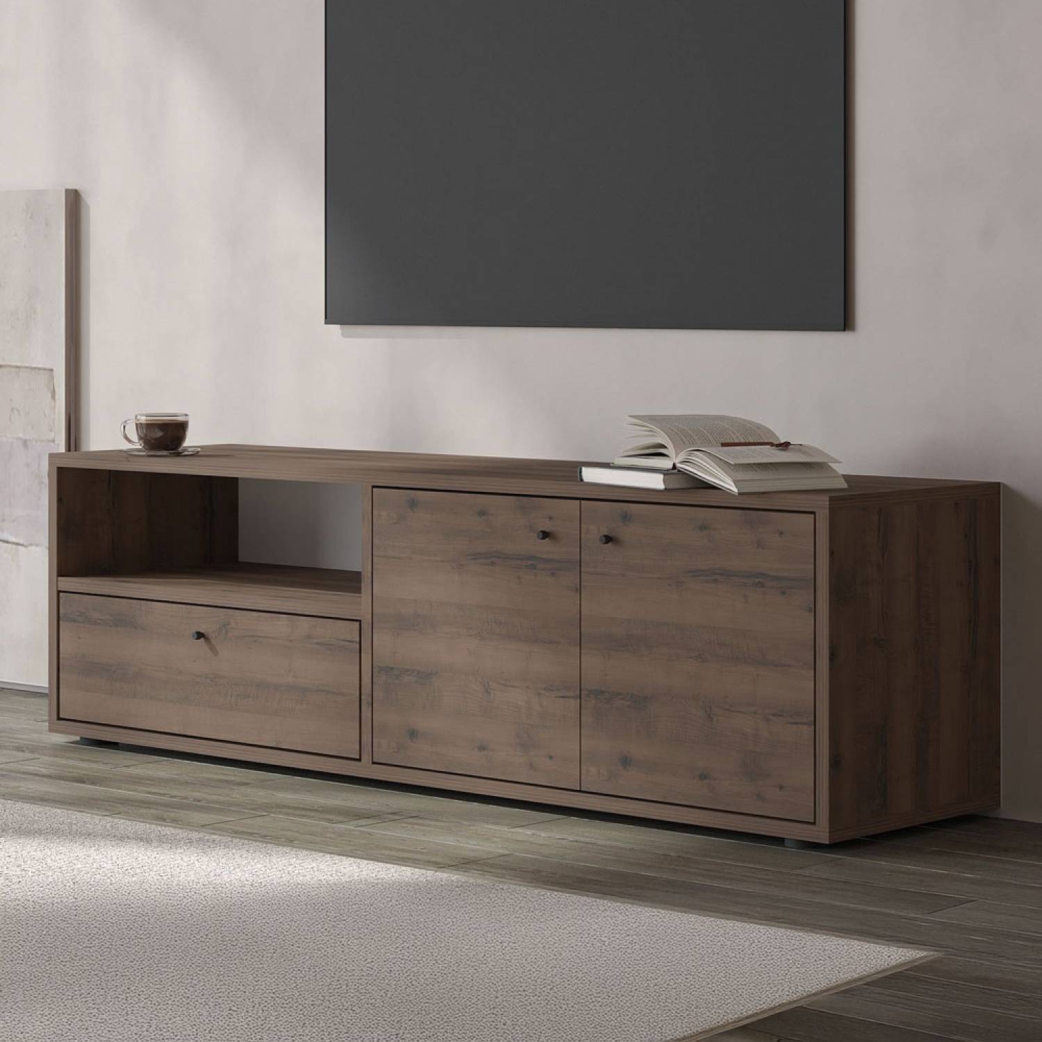 Concept Usine - Meuble TV avec placards et niche aspect bois de noyer 136cm OAKI - Image 4