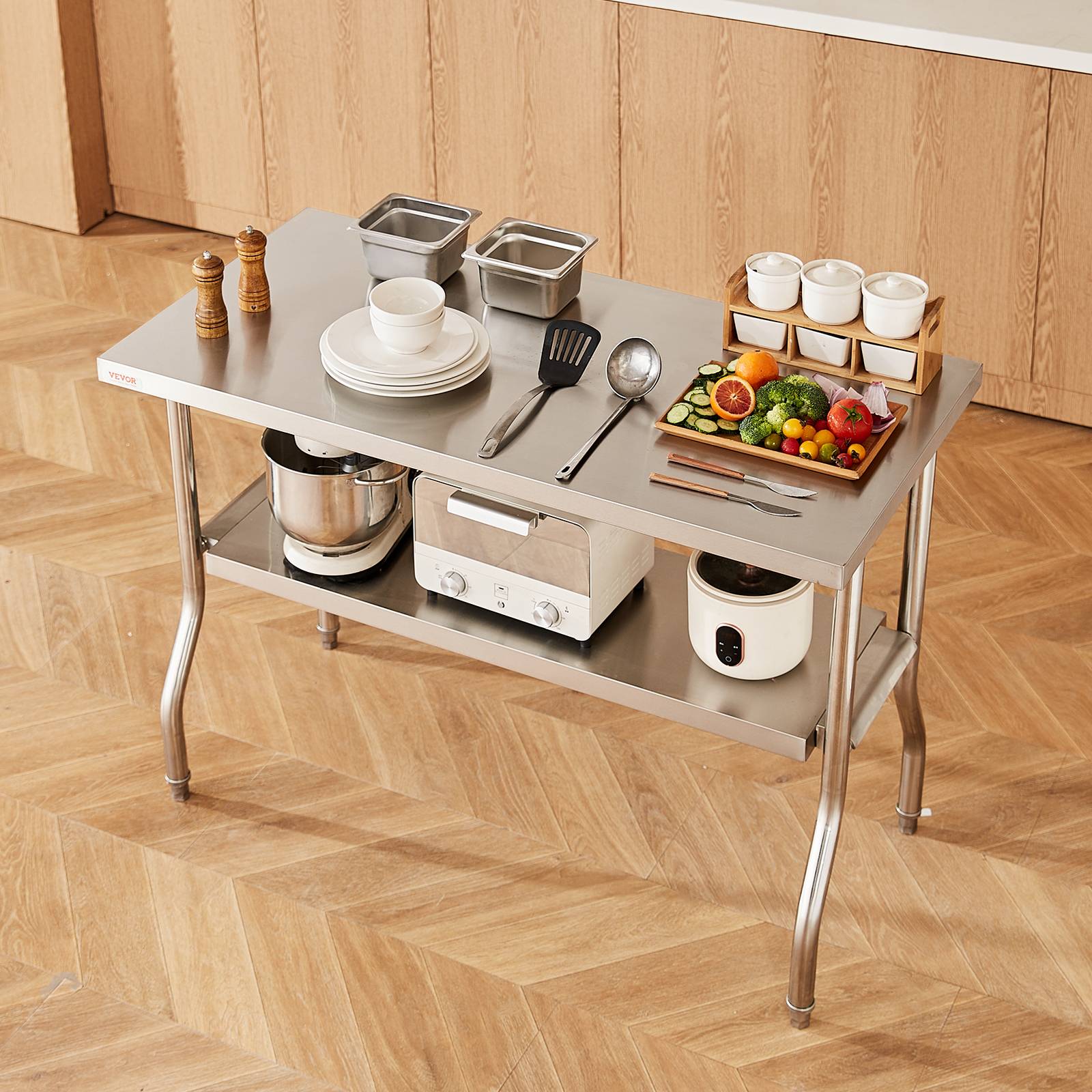 Vevor - VEVOR Table travail cuisine pliante inox 2 étages 1220x610mm, charge 350kg, pieds réglables - Image 8