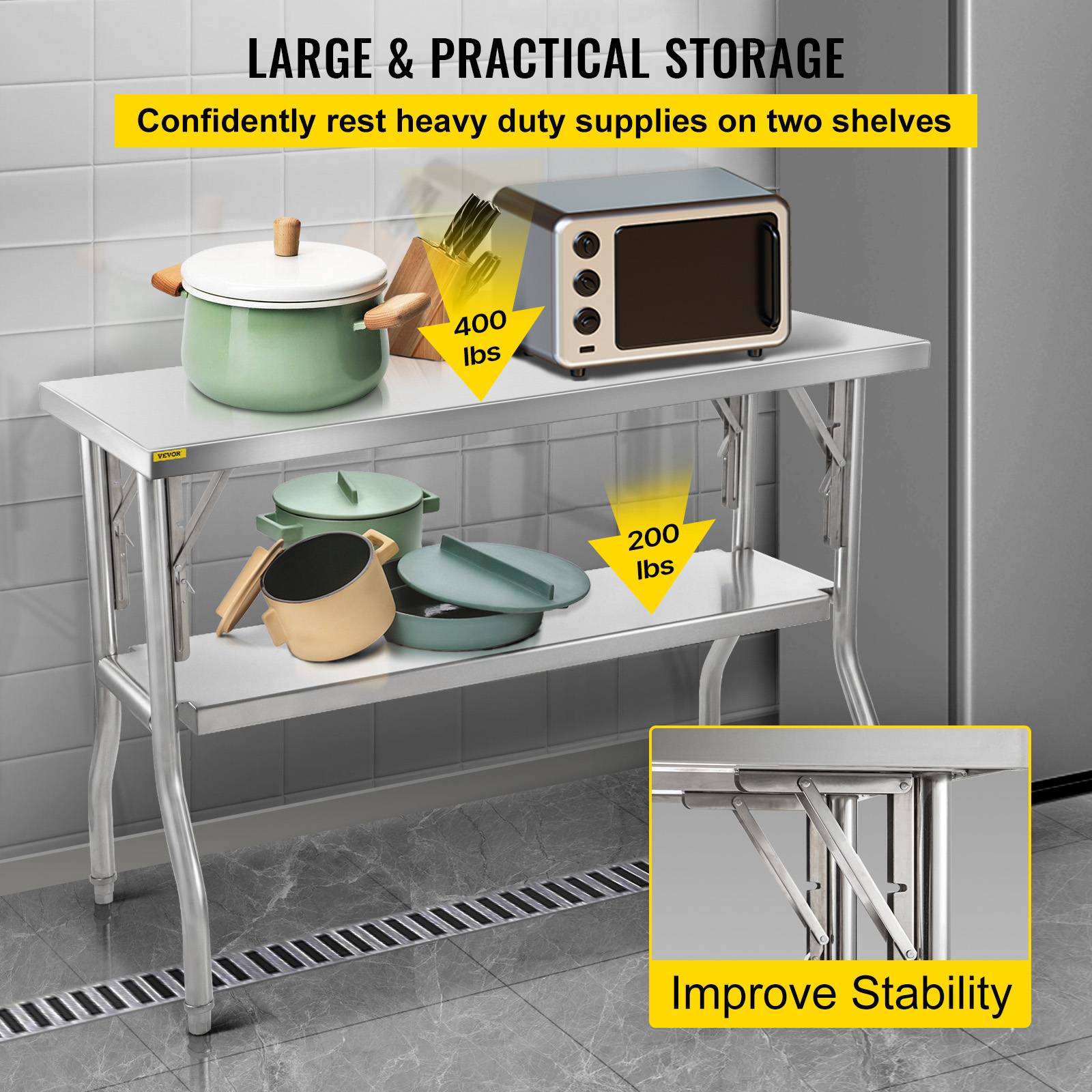 Vevor - VEVOR Table travail cuisine pliante inox 2 étages 1220x610mm, charge 350kg, pieds réglables - Image 4