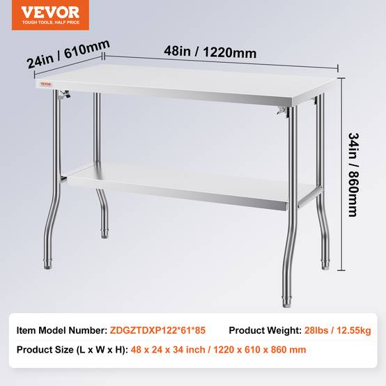 Vevor - VEVOR Table travail cuisine pliante inox 2 étages 1220x610mm, charge 350kg, pieds réglables - Image 7