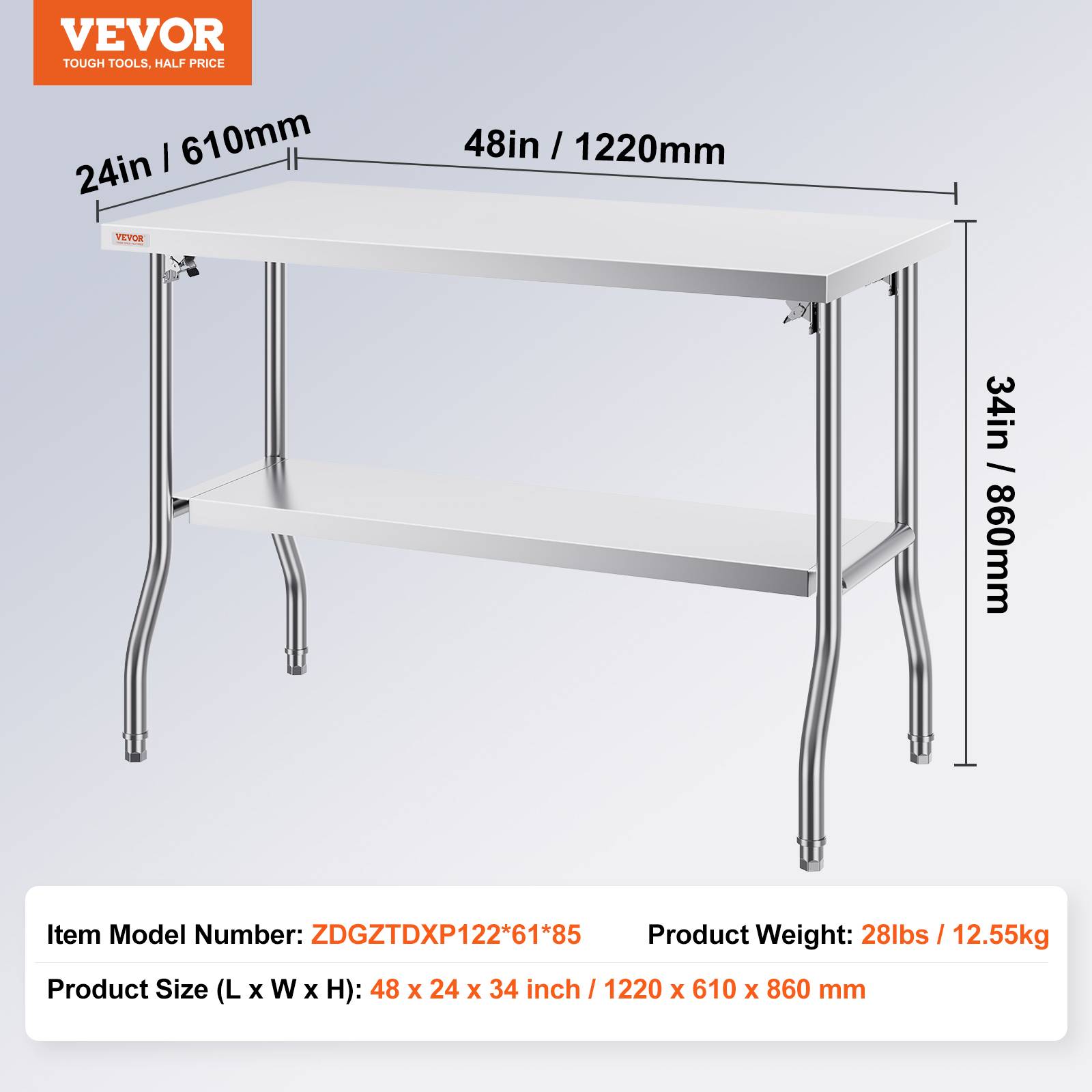 Vevor - VEVOR Table travail cuisine pliante inox 2 étages 1220x610mm, charge 350kg, pieds réglables - Image 7