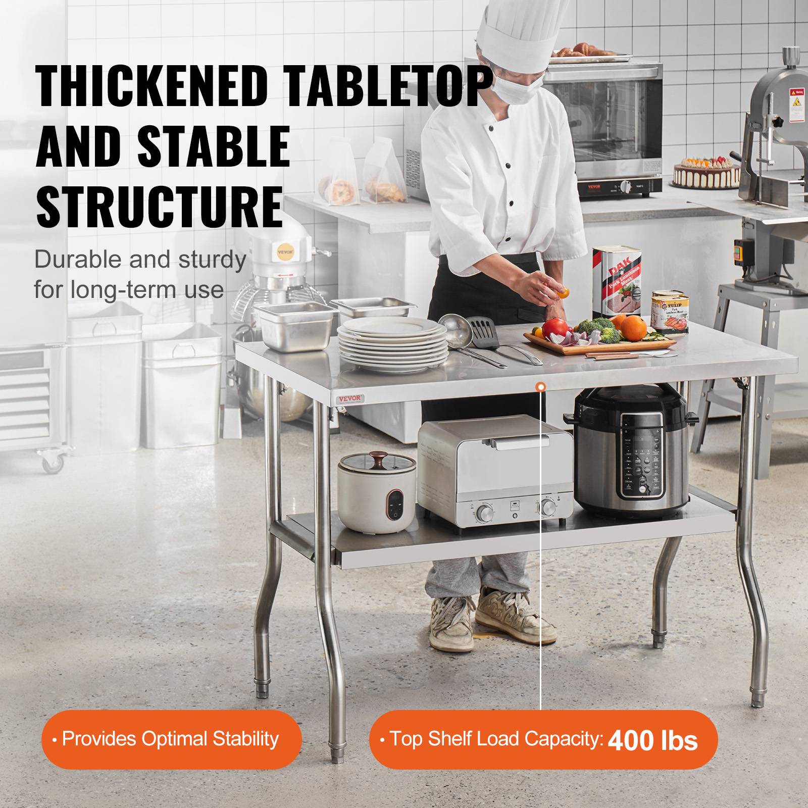 Vevor - VEVOR Table travail cuisine pliante inox 2 étages 1220x610mm, charge 350kg, pieds réglables - Image 3