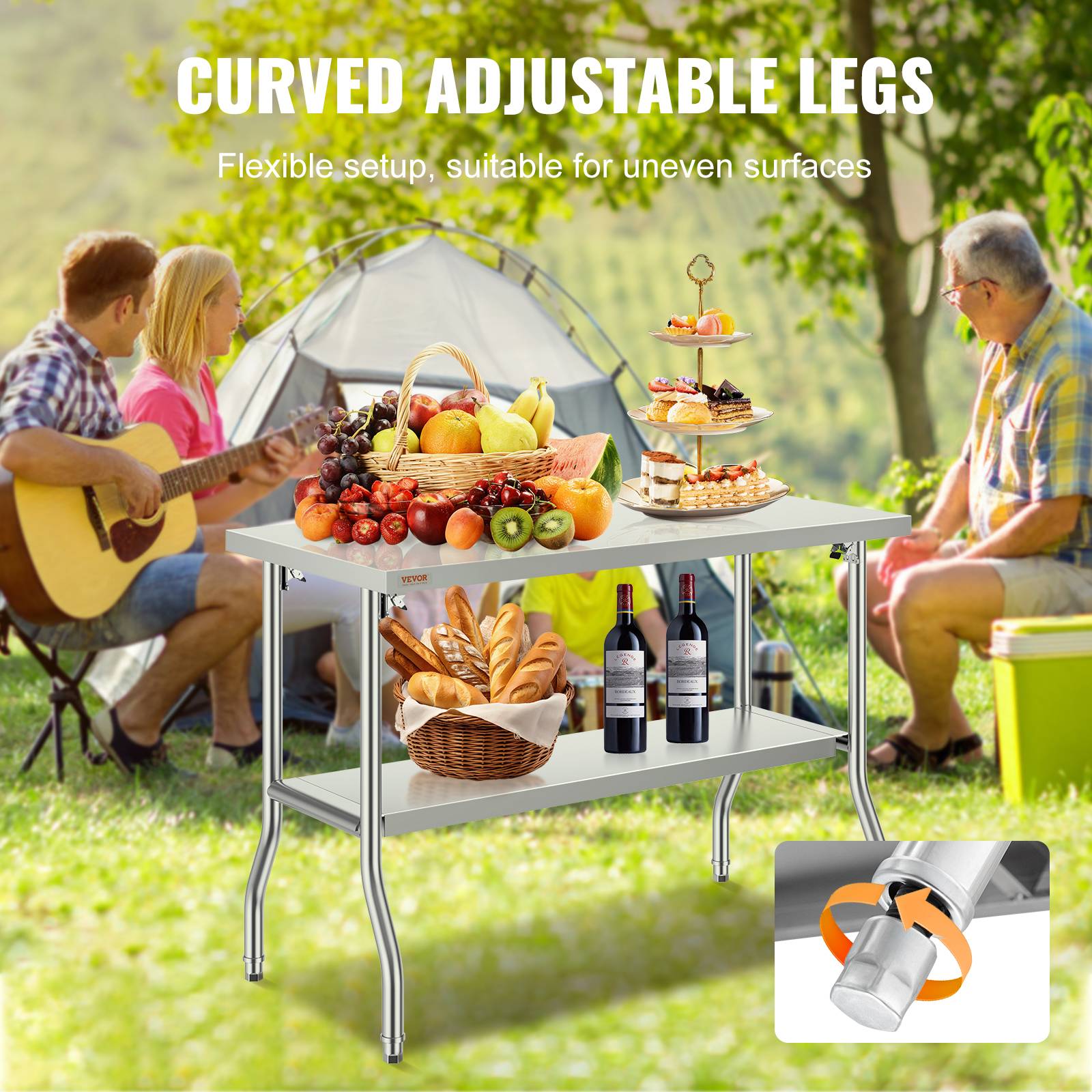Vevor - VEVOR Table travail cuisine pliante inox 2 étages 1220x610mm, charge 350kg, pieds réglables - Image 5