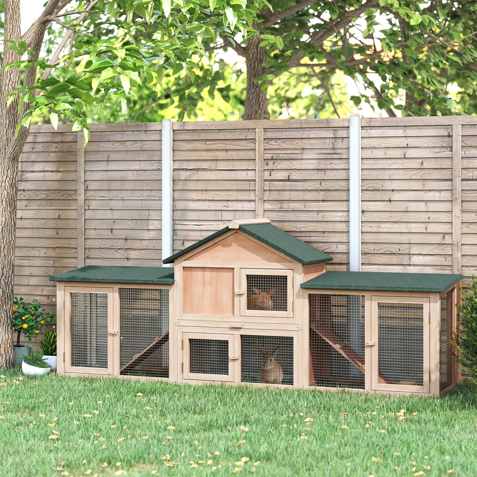 Sans Marque - Conejera exterior grande jaula madera 2-4 conejos techo asfáltico recinto alambre bandeja extraíble rampas 210x45,5x84,5 cm natural/verde - Image 3