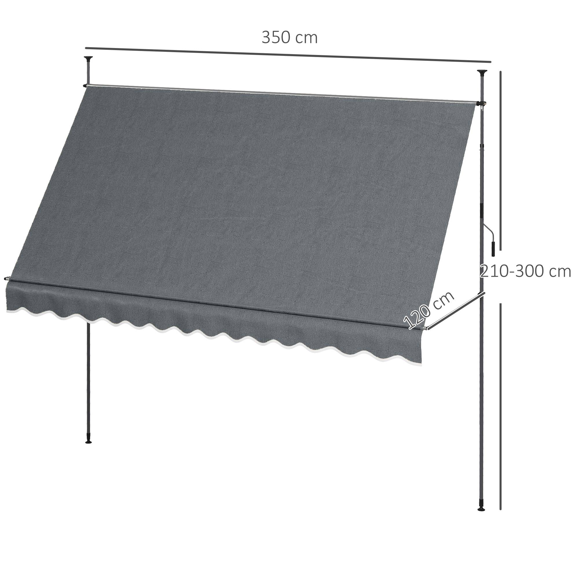 Store banne rétractable manuel à manivelle 350 x 120 x 210-300 cm, hauteur réglable, imperméable et anti-UV, gris foncé - Image 5