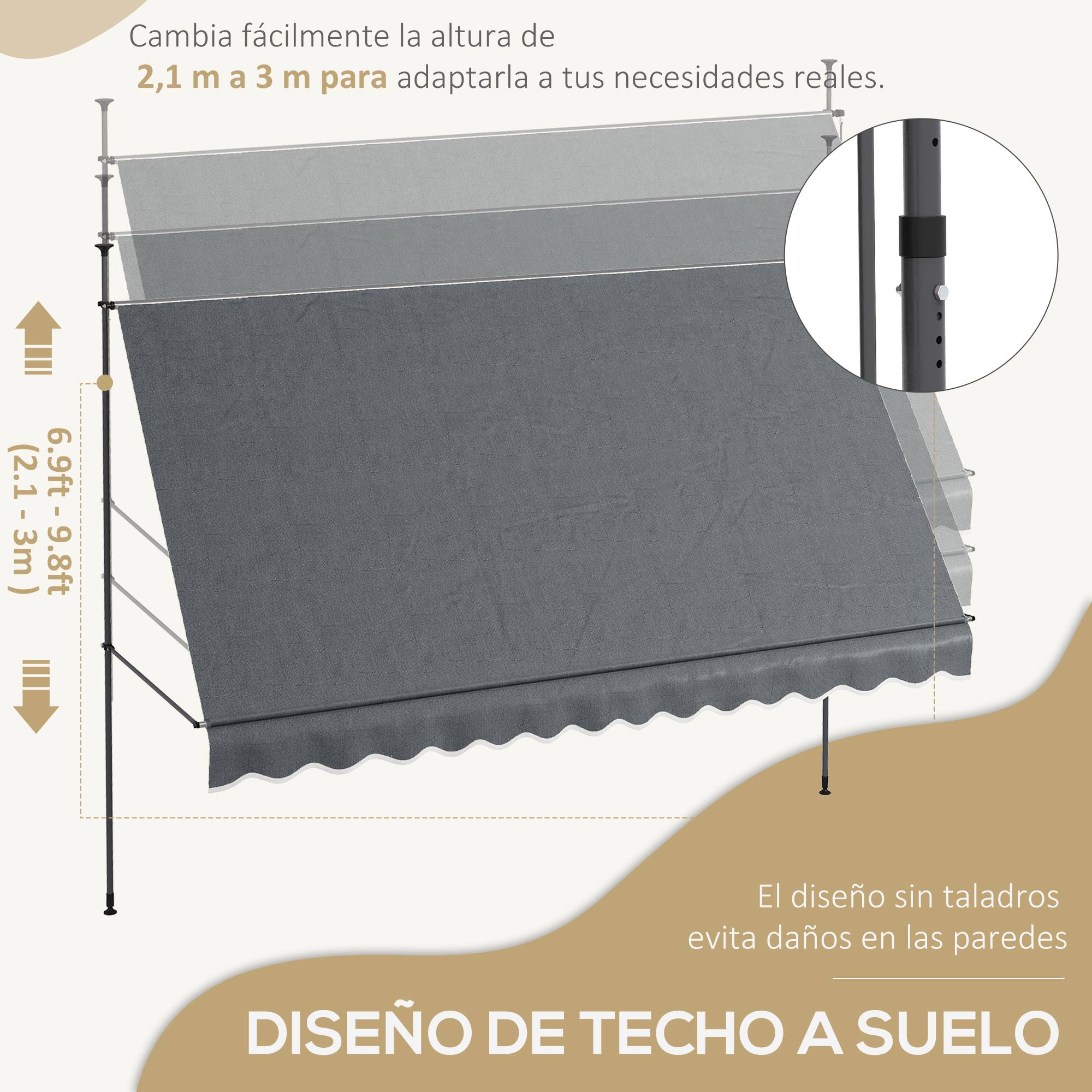 Store banne rétractable manuel à manivelle 350 x 120 x 210-300 cm, hauteur réglable, imperméable et anti-UV, gris foncé - Image 6