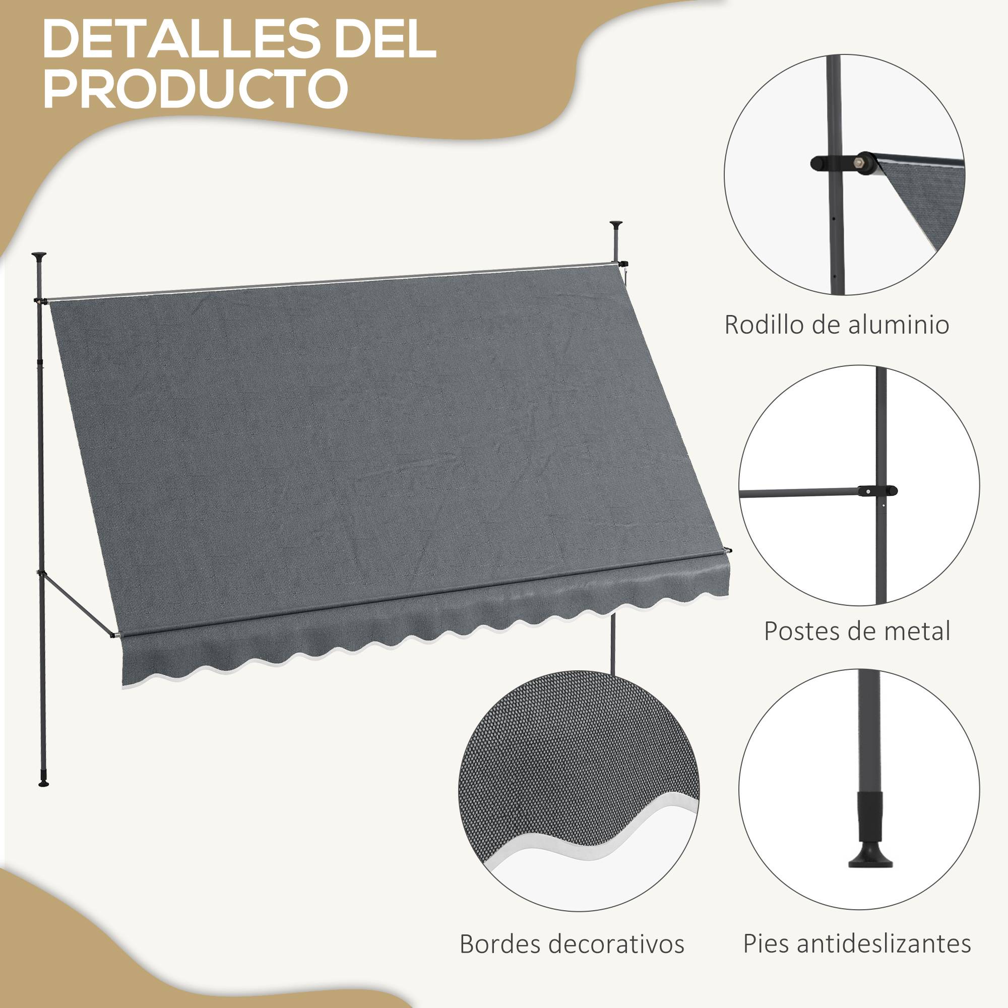 Store banne rétractable manuel à manivelle 350 x 120 x 210-300 cm, hauteur réglable, imperméable et anti-UV, gris foncé - Image 9