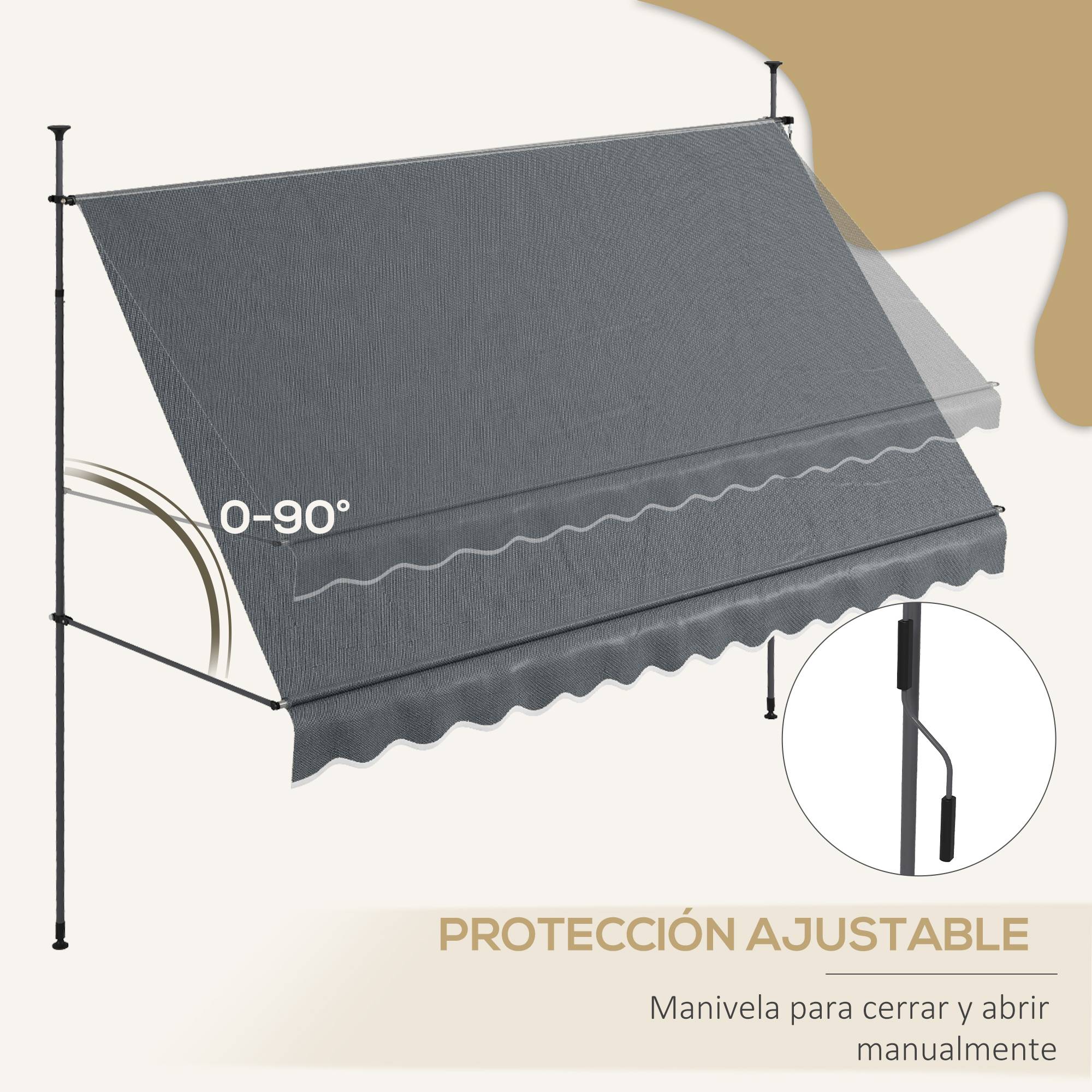 Store banne rétractable manuel à manivelle 350 x 120 x 210-300 cm, hauteur réglable, imperméable et anti-UV, gris foncé - Image 7