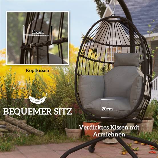 ComfortXL - Fauteuil suspendu sur pied acier extérieur panier pliable coussins noir - ComfortXL Outdoor Living - Image 6