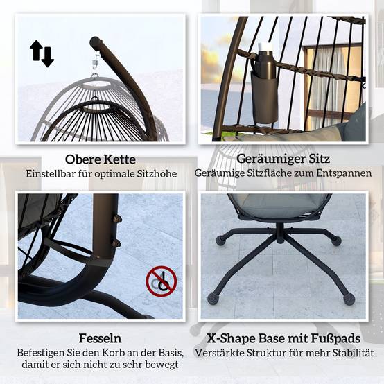ComfortXL - Fauteuil suspendu sur pied acier extérieur panier pliable coussins noir - ComfortXL Outdoor Living - Image 9
