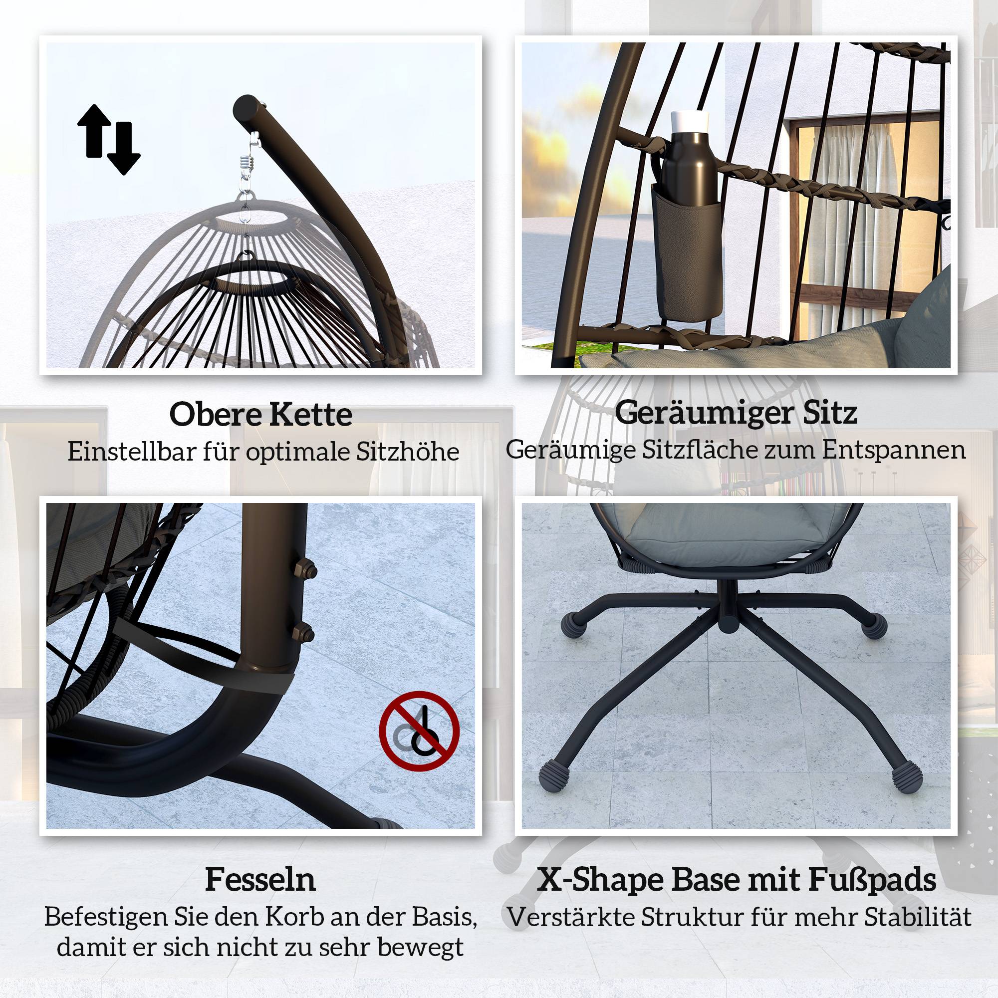 ComfortXL - Fauteuil suspendu sur pied acier extérieur panier pliable coussins noir - ComfortXL Outdoor Living - Image 9