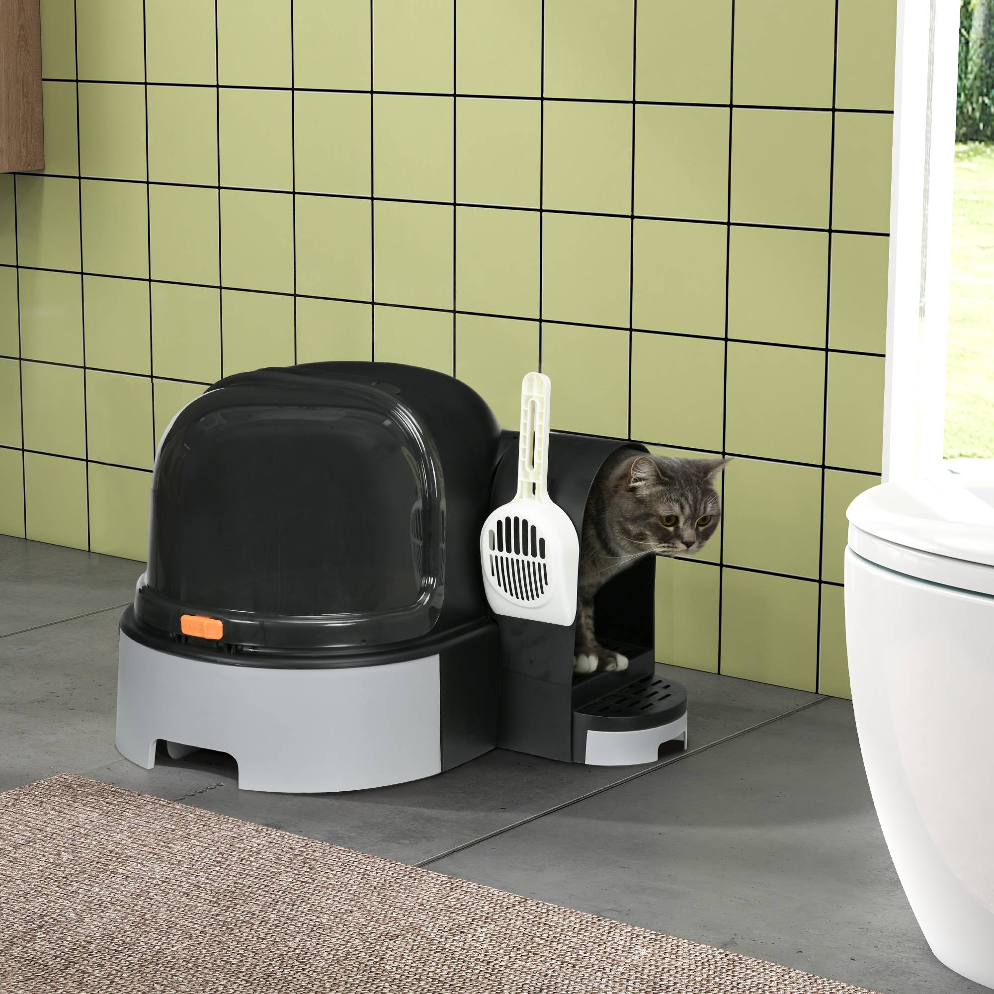 Sans Marque - Bac à litière pour chat, 2 plateaux de base amovibles, 1 pelle, compartiment de récupération de la litière, gris et noir - Image 2
