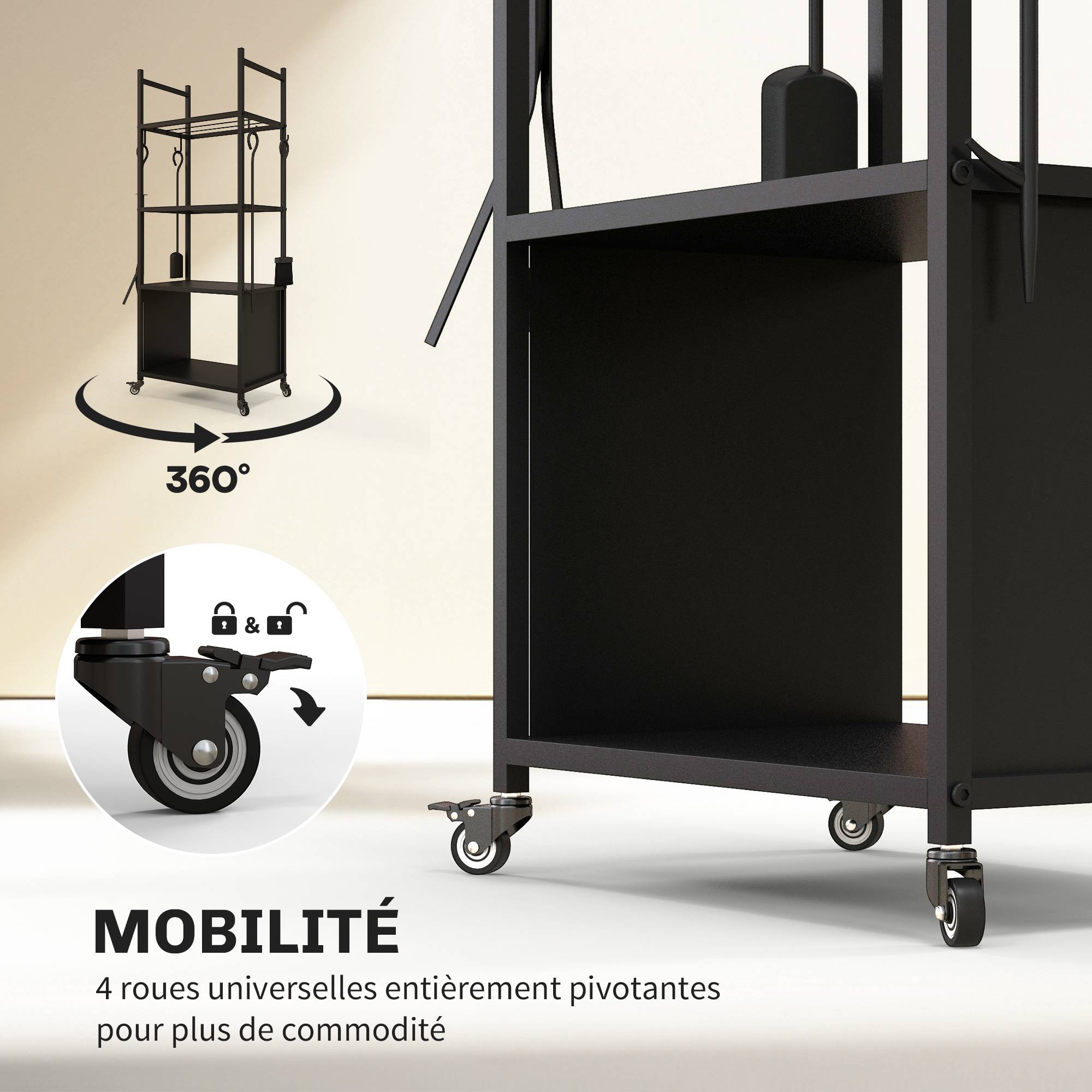 Chariot range bûches intérieur, porte-bûches roulettes, 4 outils de cheminée, 4 étagères, métal, 45 x 30 x 118 cm, noir - Image 7
