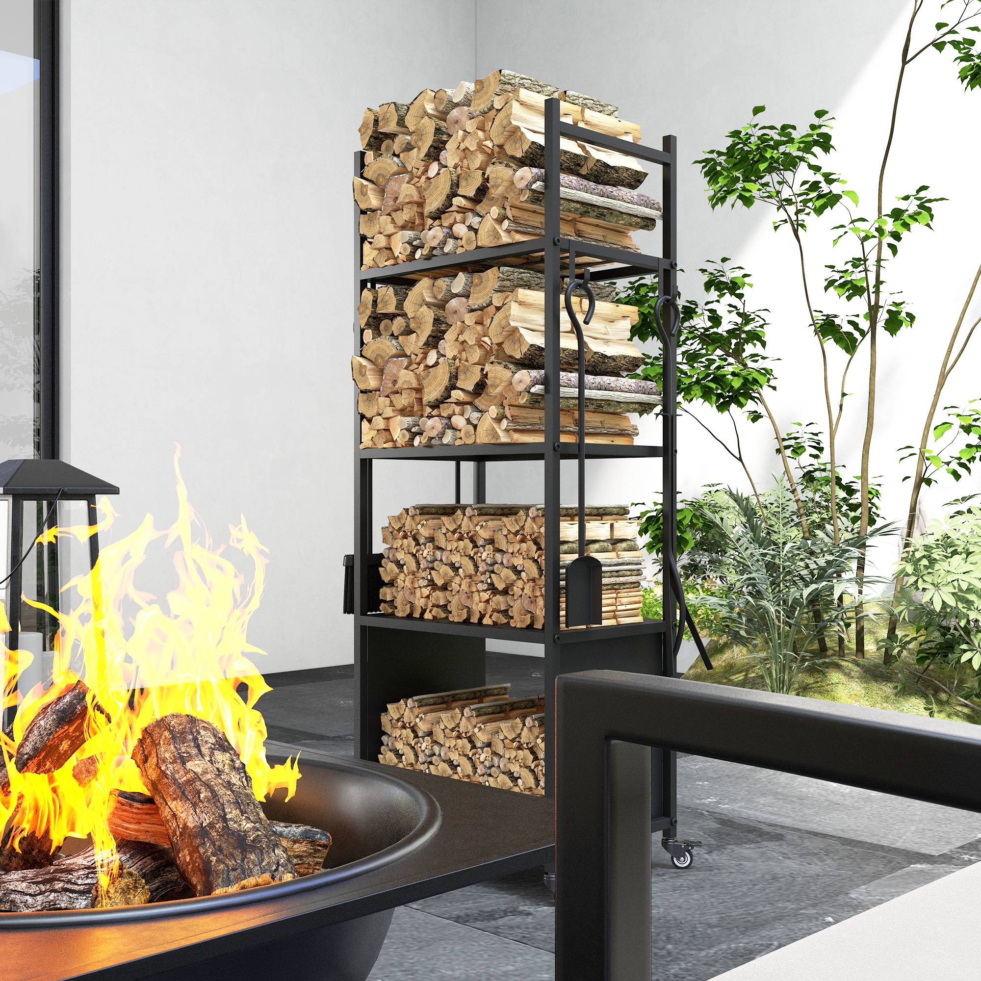 Chariot range bûches intérieur, porte-bûches roulettes, 4 outils de cheminée, 4 étagères, métal, 45 x 30 x 118 cm, noir - Image 10
