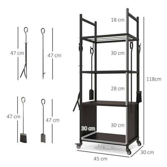 Chariot range bûches intérieur, porte-bûches roulettes, 4 outils de cheminée, 4 étagères, métal, 45 x 30 x 118 cm, noir - Image 5
