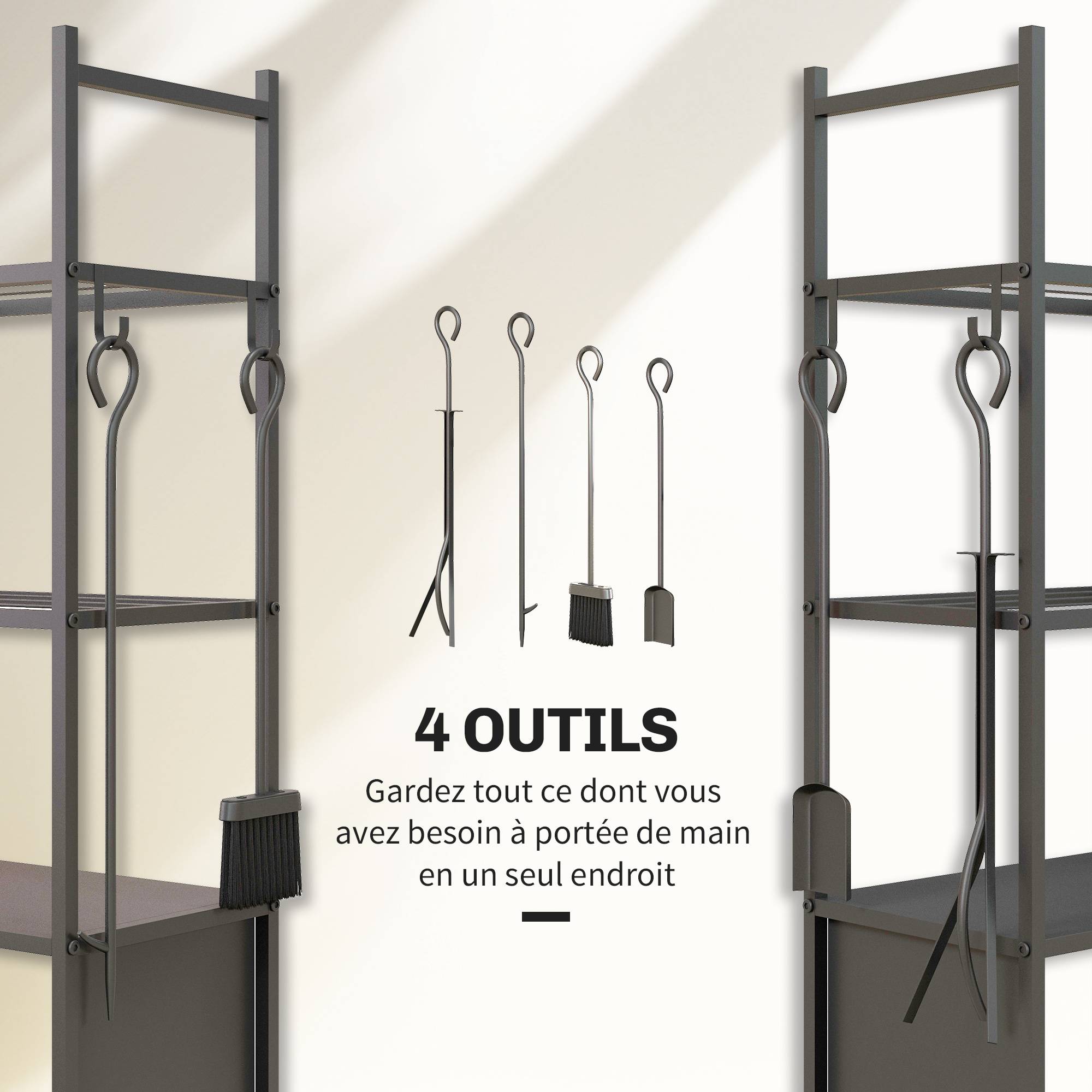 Chariot range bûches intérieur, porte-bûches roulettes, 4 outils de cheminée, 4 étagères, métal, 45 x 30 x 118 cm, noir - Image 8