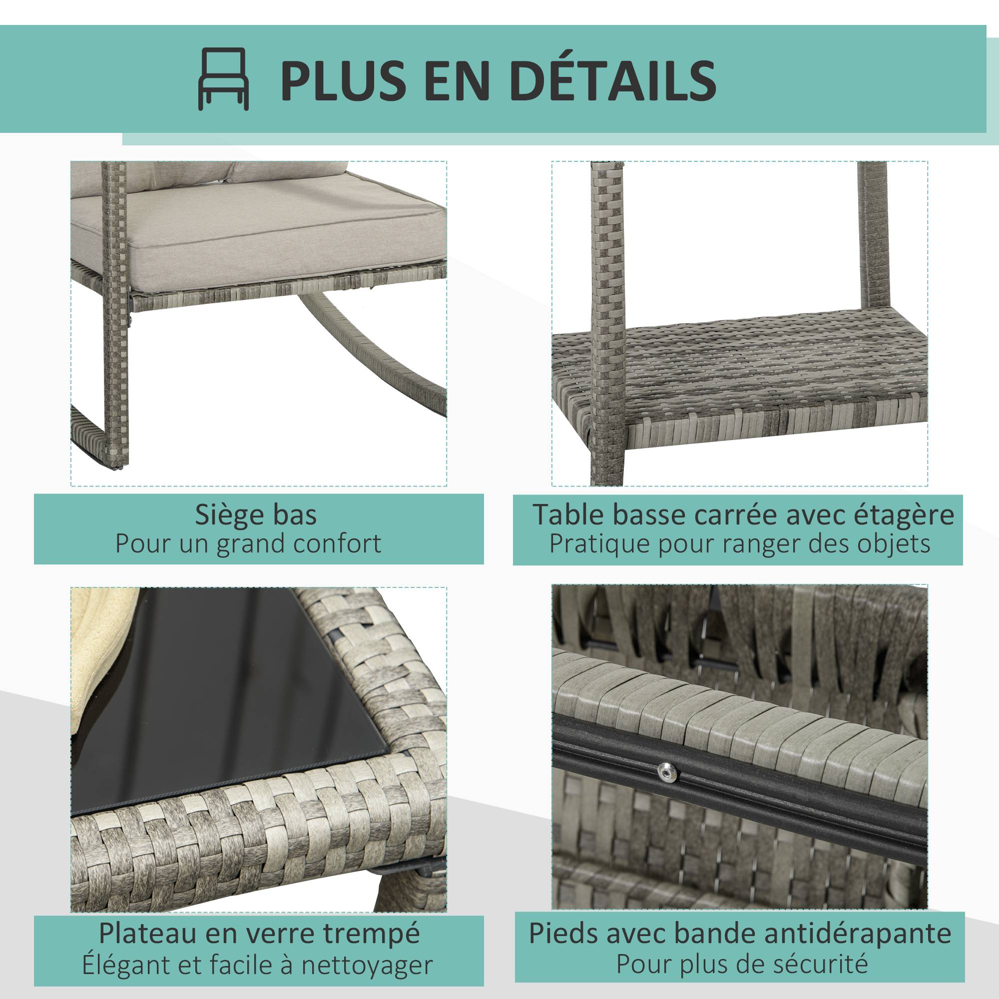 Outsunny - Ensemble de jardin 3 pièces 2 fauteuils à bascule table basse coussins inclus métal époxy résine tressée PE polyester gris - Outsunny - Image 6