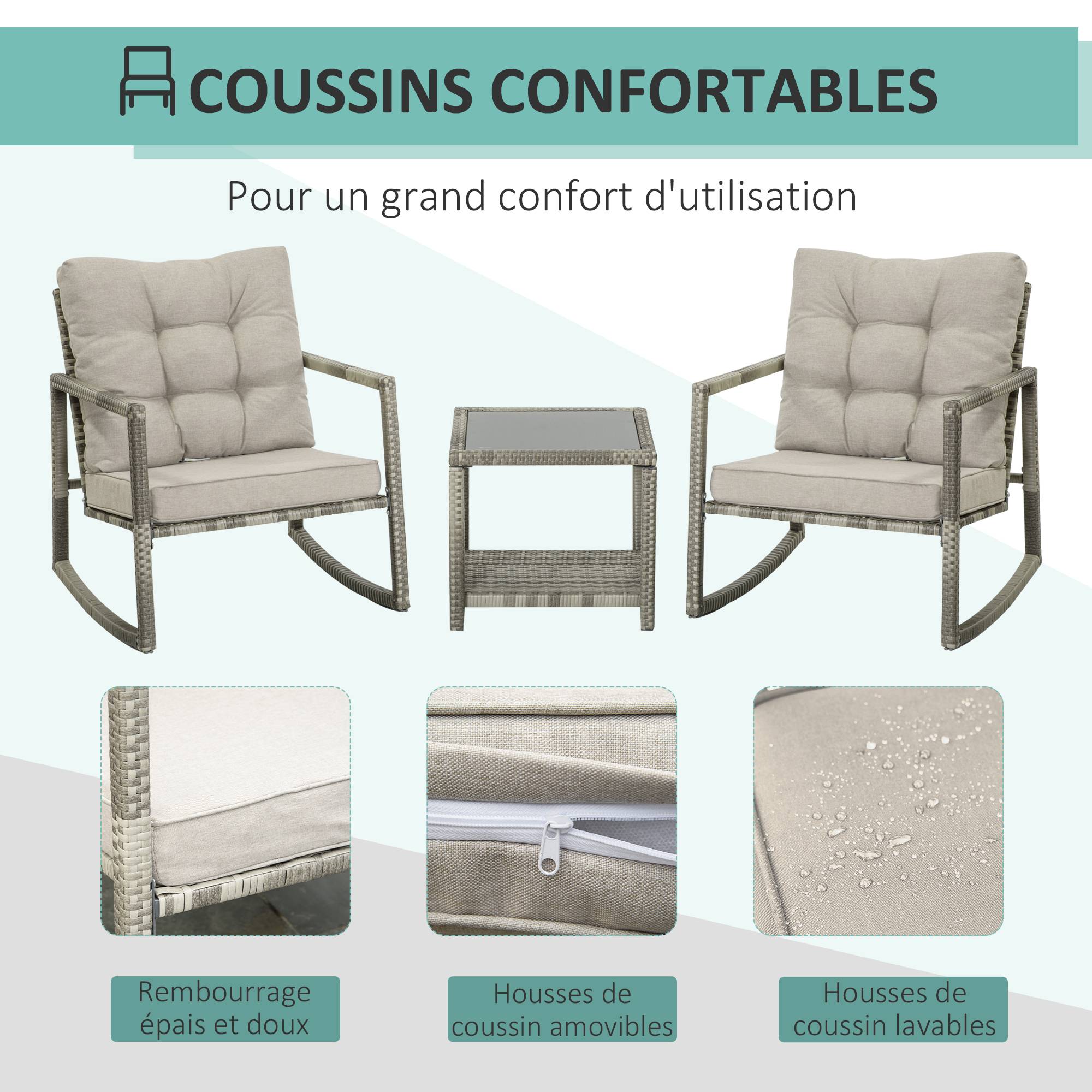 Outsunny - Ensemble de jardin 3 pièces 2 fauteuils à bascule table basse coussins inclus métal époxy résine tressée PE polyester gris - Outsunny - Image 5