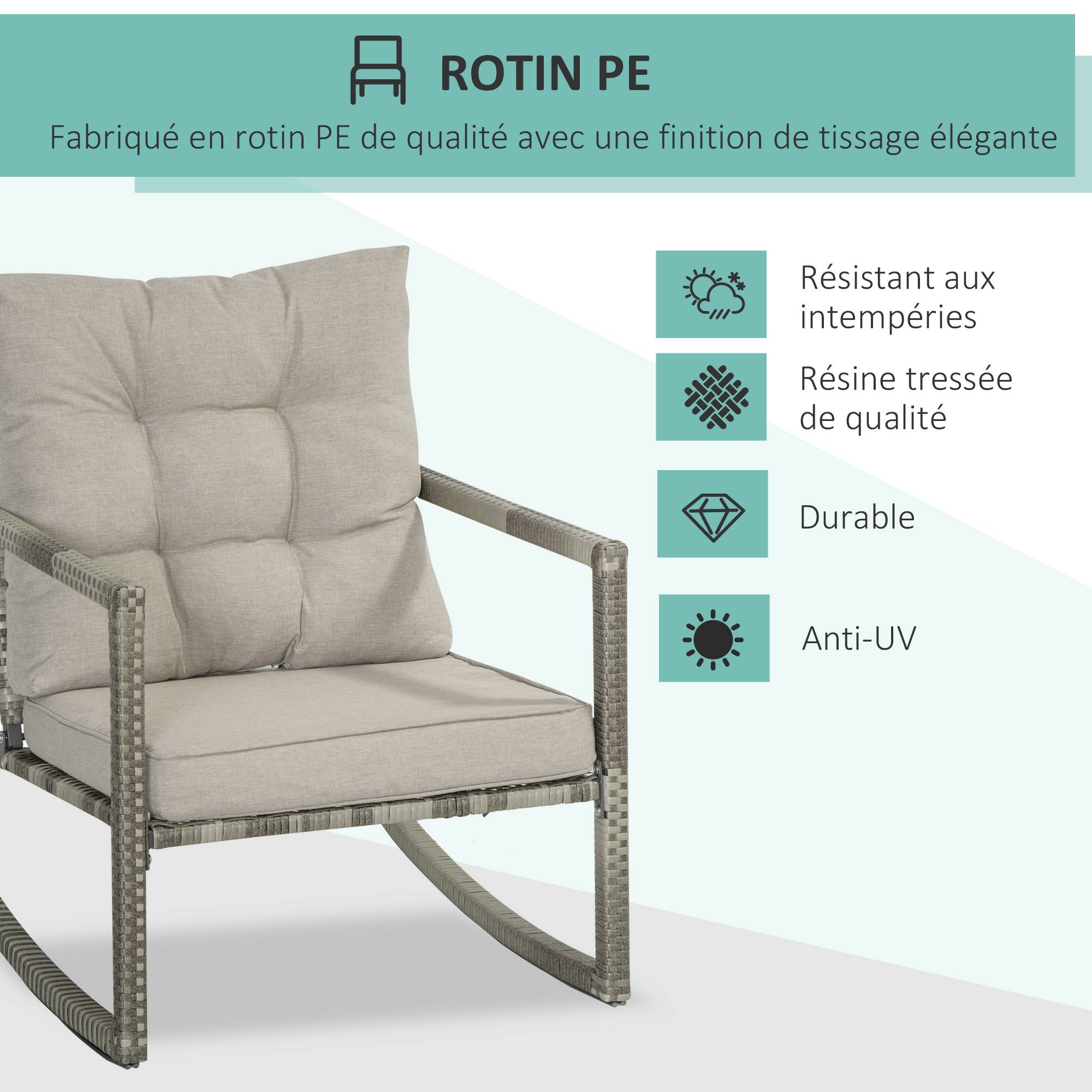 Outsunny - Ensemble de jardin 3 pièces 2 fauteuils à bascule table basse coussins inclus métal époxy résine tressée PE polyester gris - Outsunny - Image 4