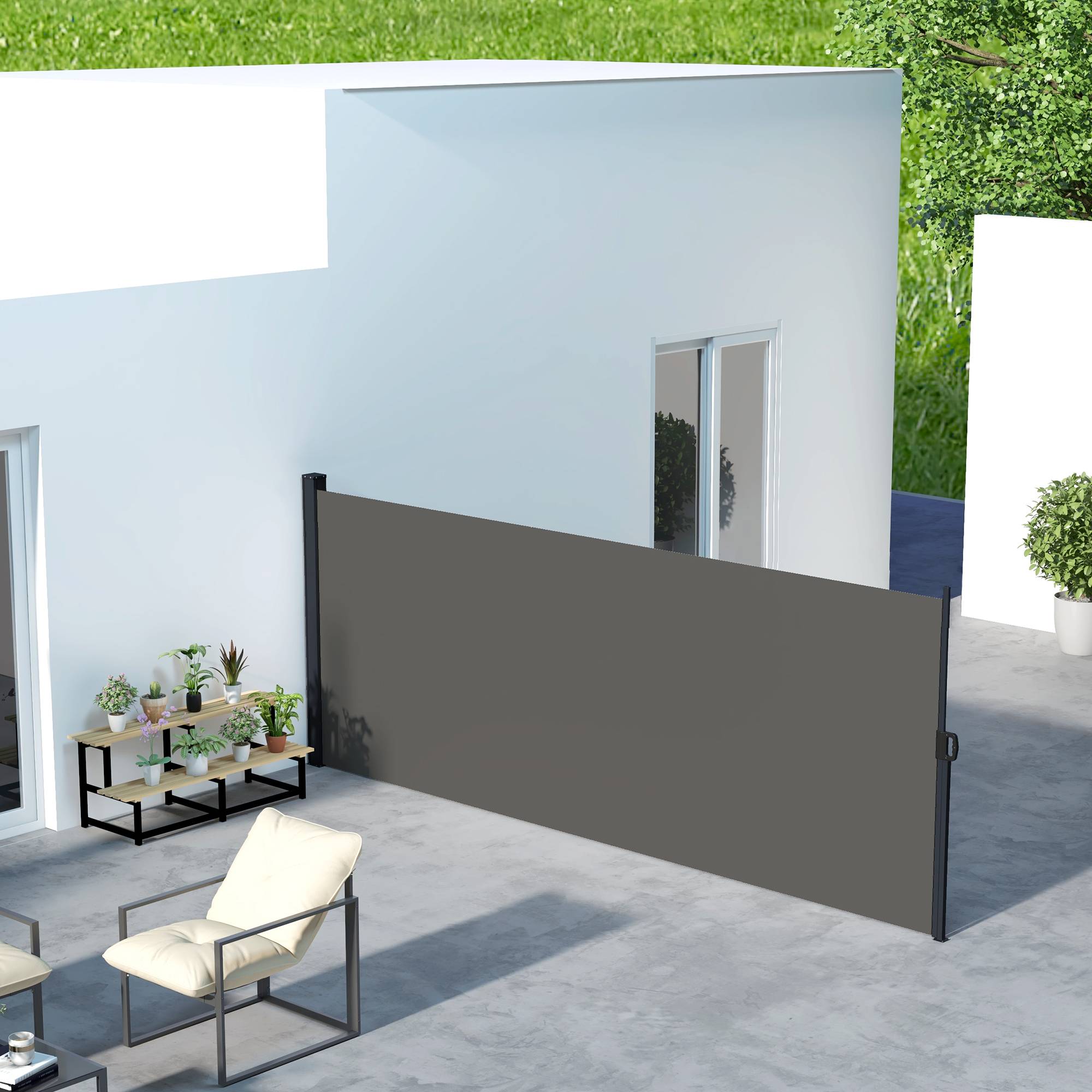Store latéral Brise-Vue paravent rétractable dim. 4L x 1,60H m alu. Polyester Anti-UV Haute densité 180 g/m² Gris foncé - Image 3