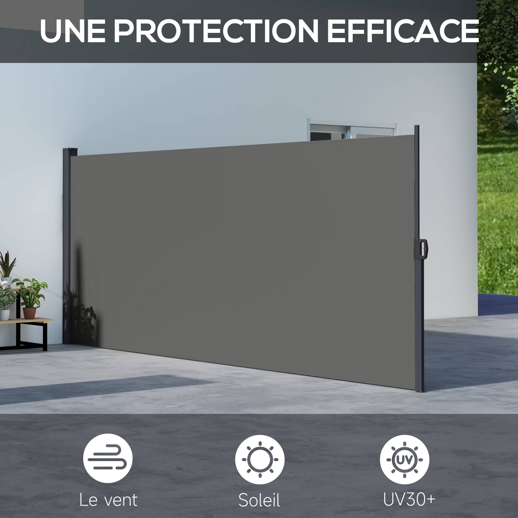 Store latéral Brise-Vue paravent rétractable dim. 4L x 1,60H m alu. Polyester Anti-UV Haute densité 180 g/m² Gris foncé - Image 6