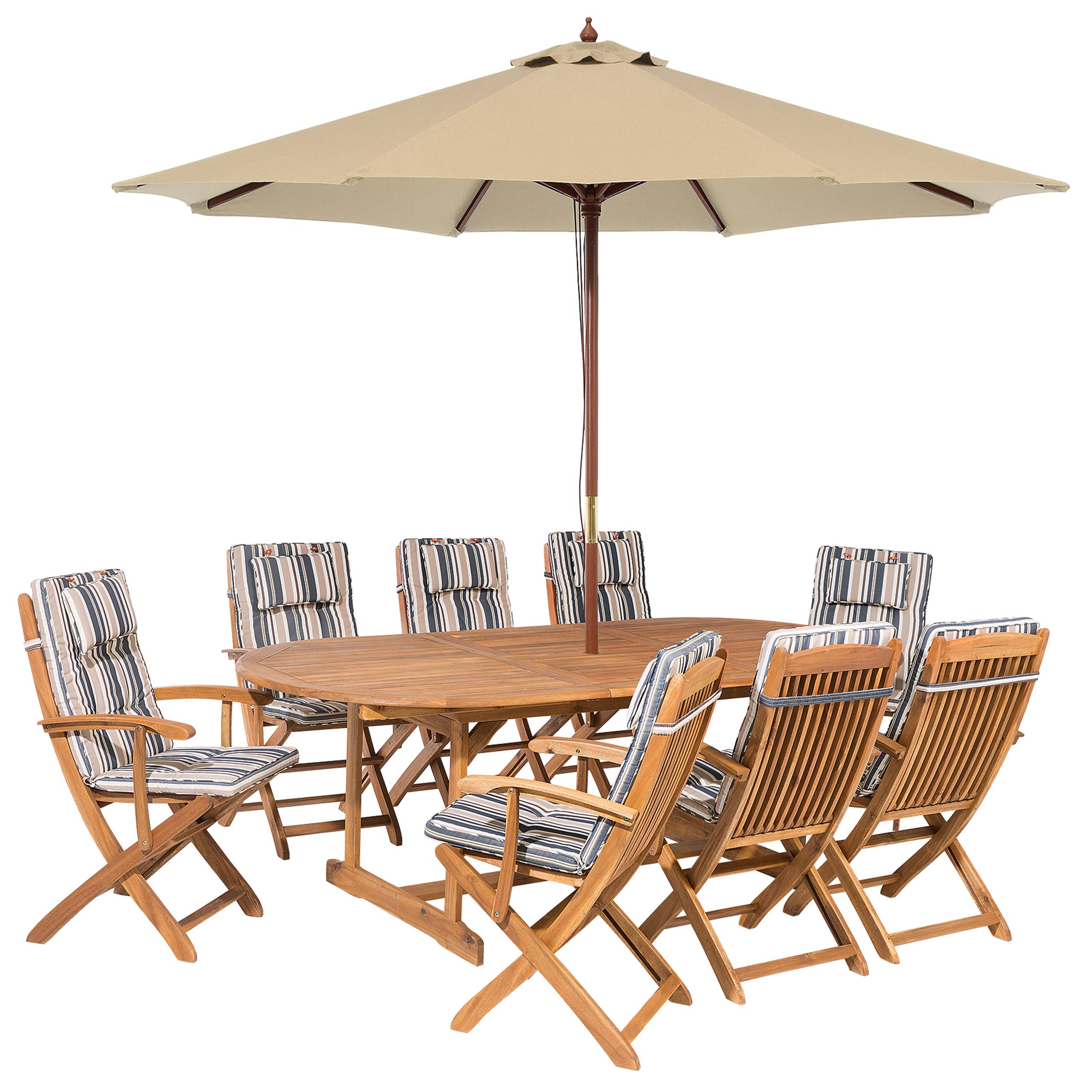 Beliani - Salle à manger de jardin table, 8 chaises avec coussins rayés et parasol beige - Image 1