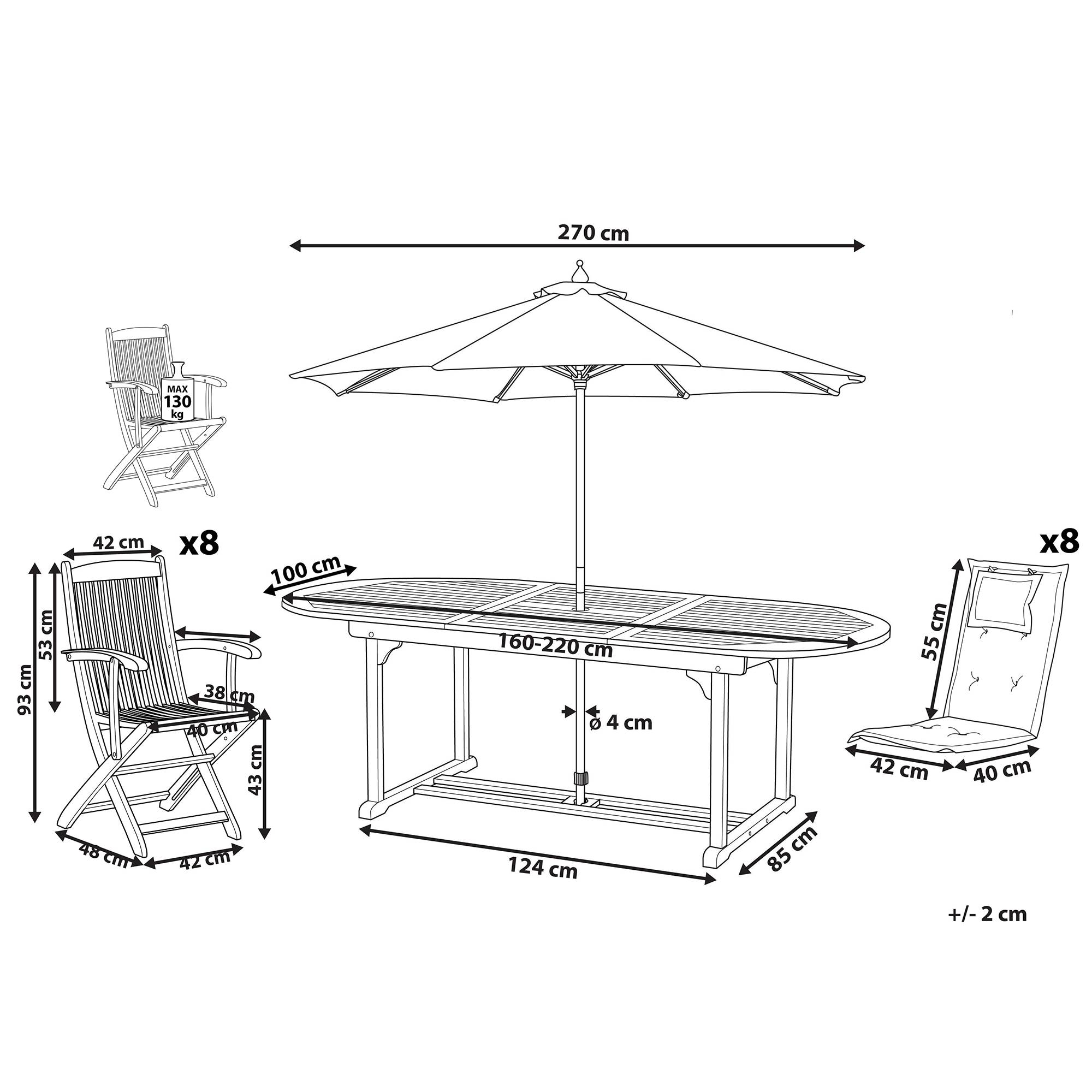 Beliani - Salle à manger de jardin table, 8 chaises avec coussins rayés et parasol beige - Image 2