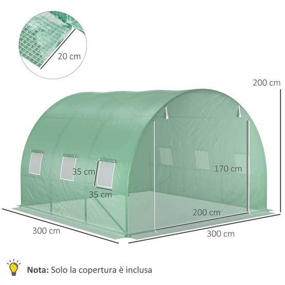Sans Marque - Serre polyéthylène 6 fenêtres porte sectionnelle bords enterrés 3x3x2 m verte - Image 5