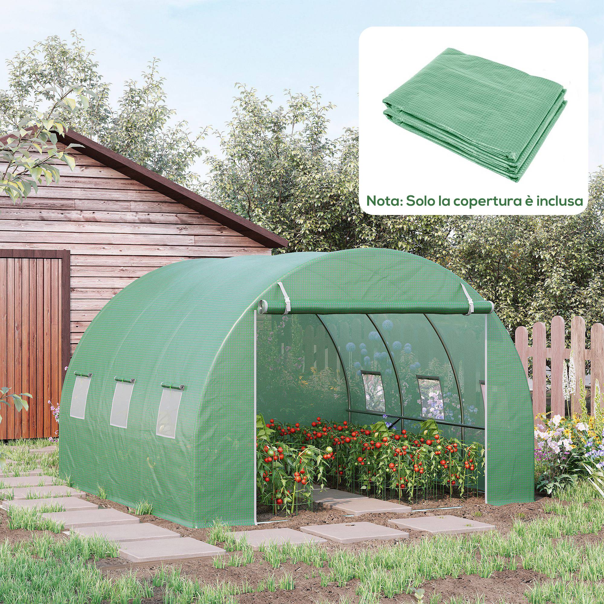 Sans Marque - Serre polyéthylène 6 fenêtres porte sectionnelle bords enterrés 3x3x2 m verte - Image 3