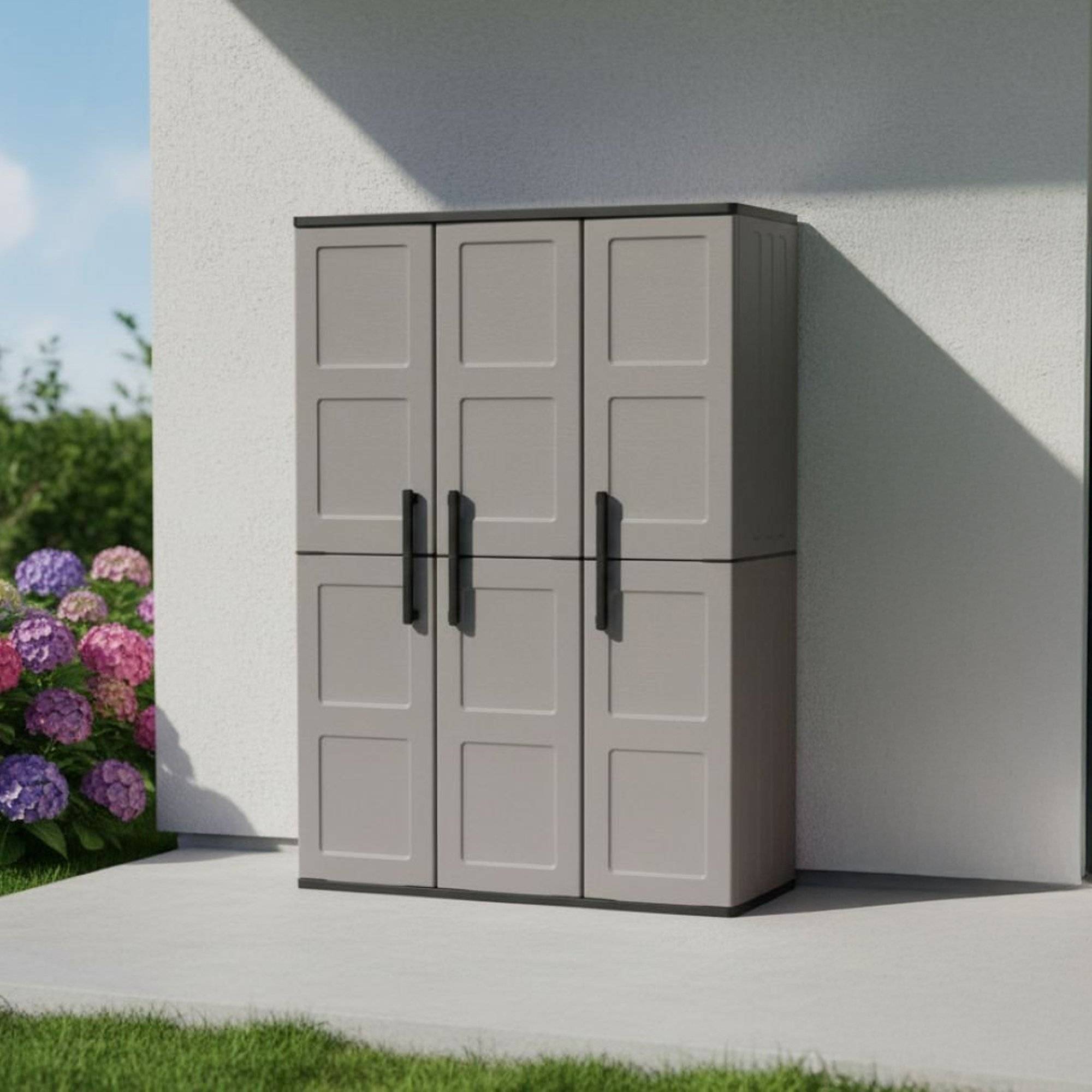 Dmora - Armoire d'extérieur Daltinie, Mobilier d'extérieur, Armoire de balcon polyvalente, Gris et Noir, Finition à carreaux, 102x37h163 cm - Dmora - Image 2