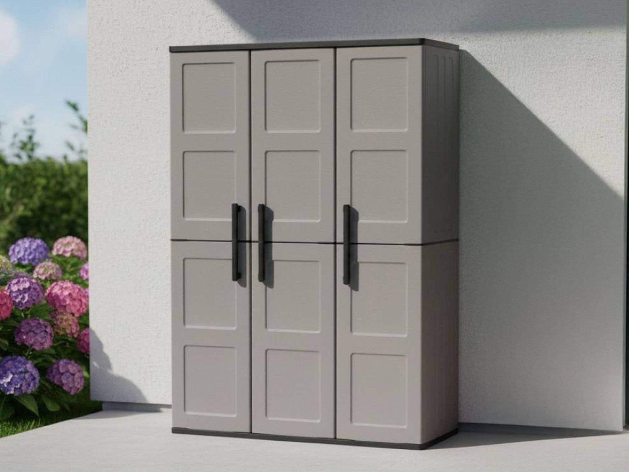 Dmora - Armoire d'extérieur Daltinie, Mobilier d'extérieur, Armoire de balcon polyvalente, Gris et Noir, Finition à carreaux, 102x37h163 cm - Dmora - Image 4