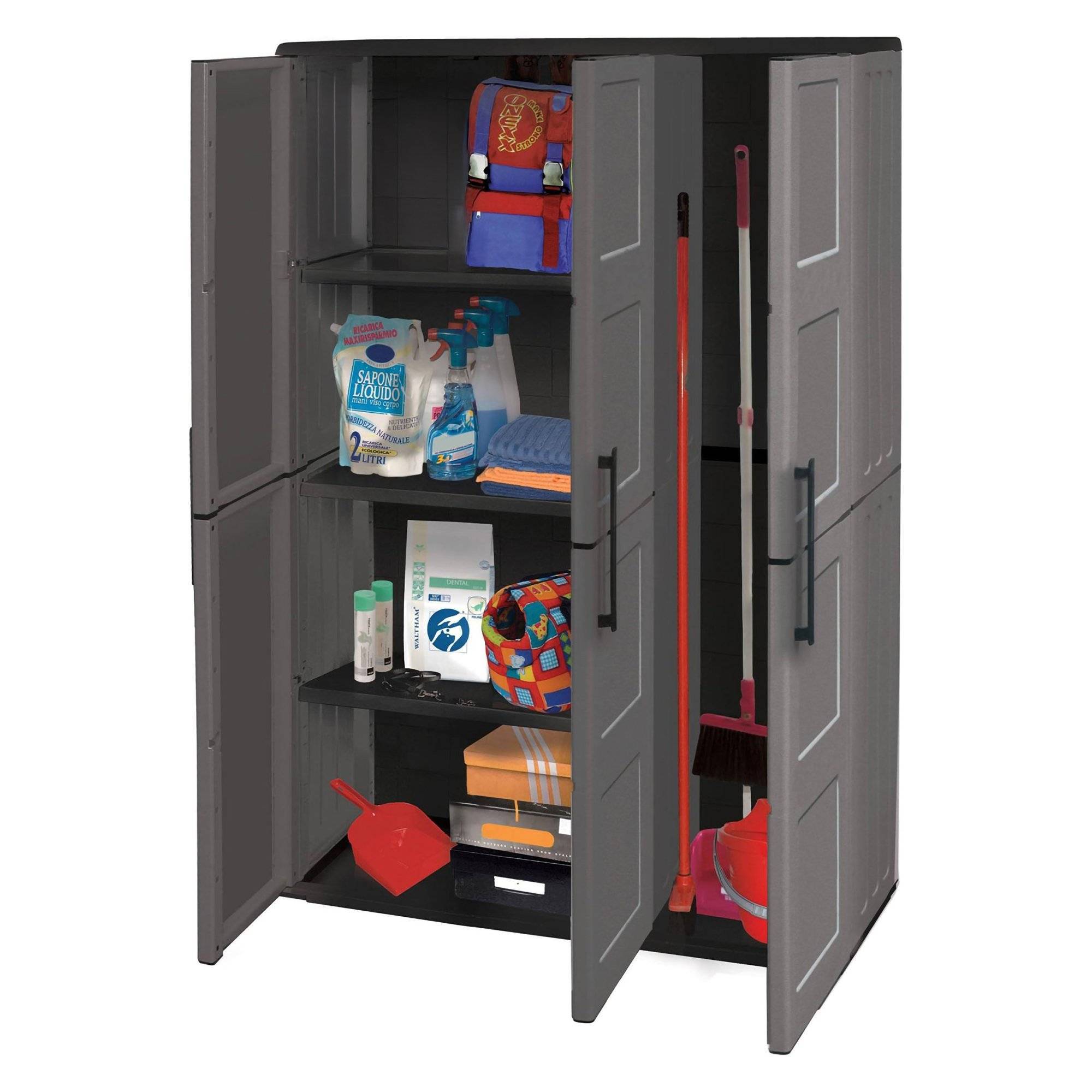 Dmora - Armoire d'extérieur Daltinie, Mobilier d'extérieur, Armoire de balcon polyvalente, Gris et Noir, Finition à carreaux, 102x37h163 cm - Dmora - Image 1