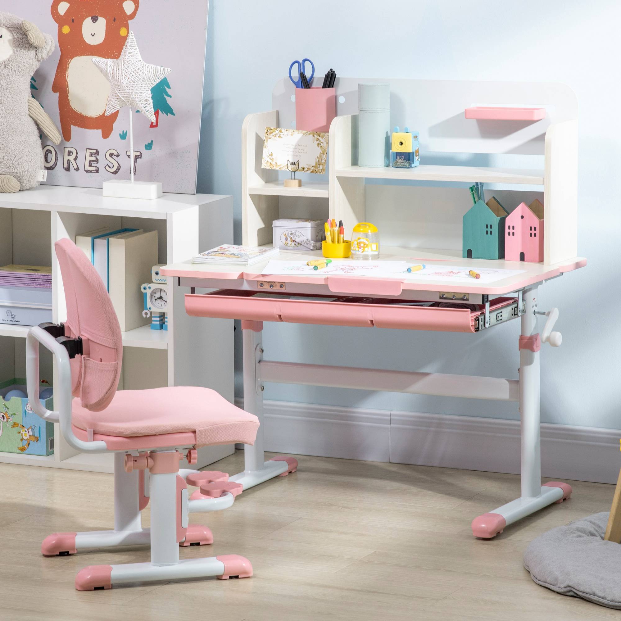 Banc scolaire avec chaise enfant 3-12 ans, hauteur réglable et plateau inclinable, rose - Image 4