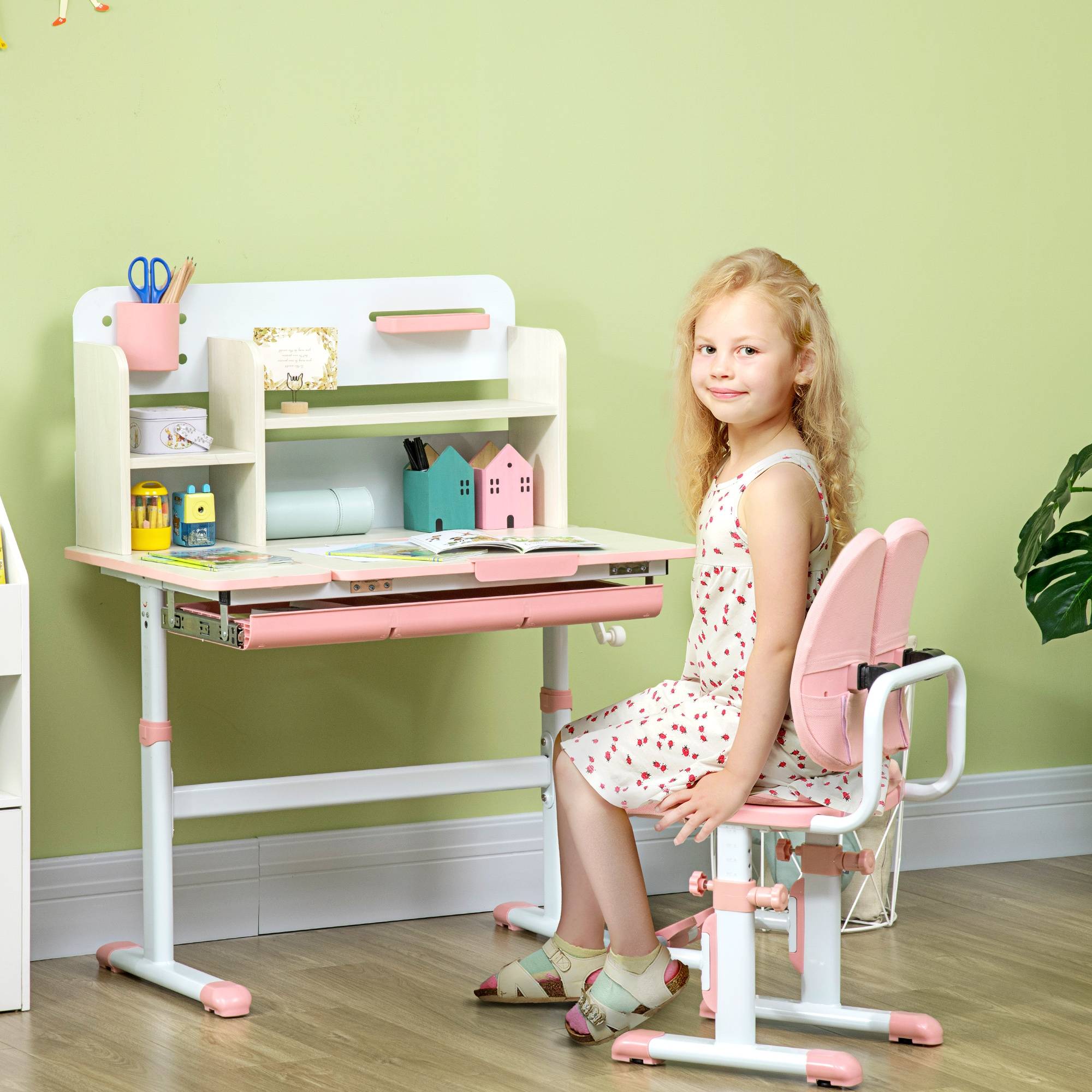 Banc scolaire avec chaise enfant 3-12 ans, hauteur réglable et plateau inclinable, rose - Image 3