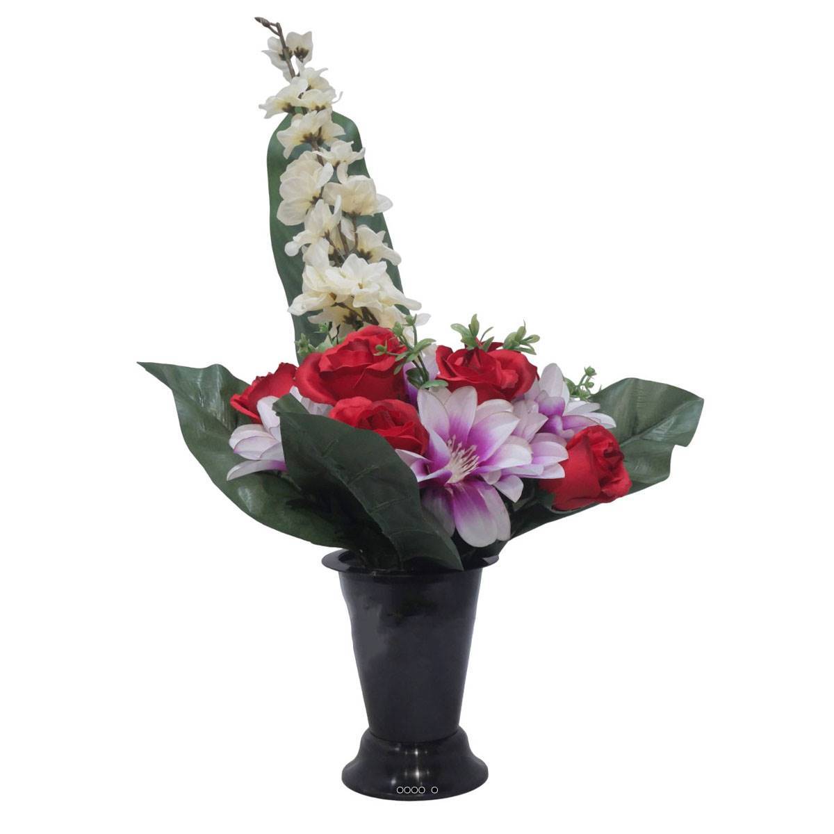 Artificielles - Pot Cone de fleurs artificielles de Rose, Orchidée et delphinium Rouge pour la Toussaint - couleur: Rouge - Image 2