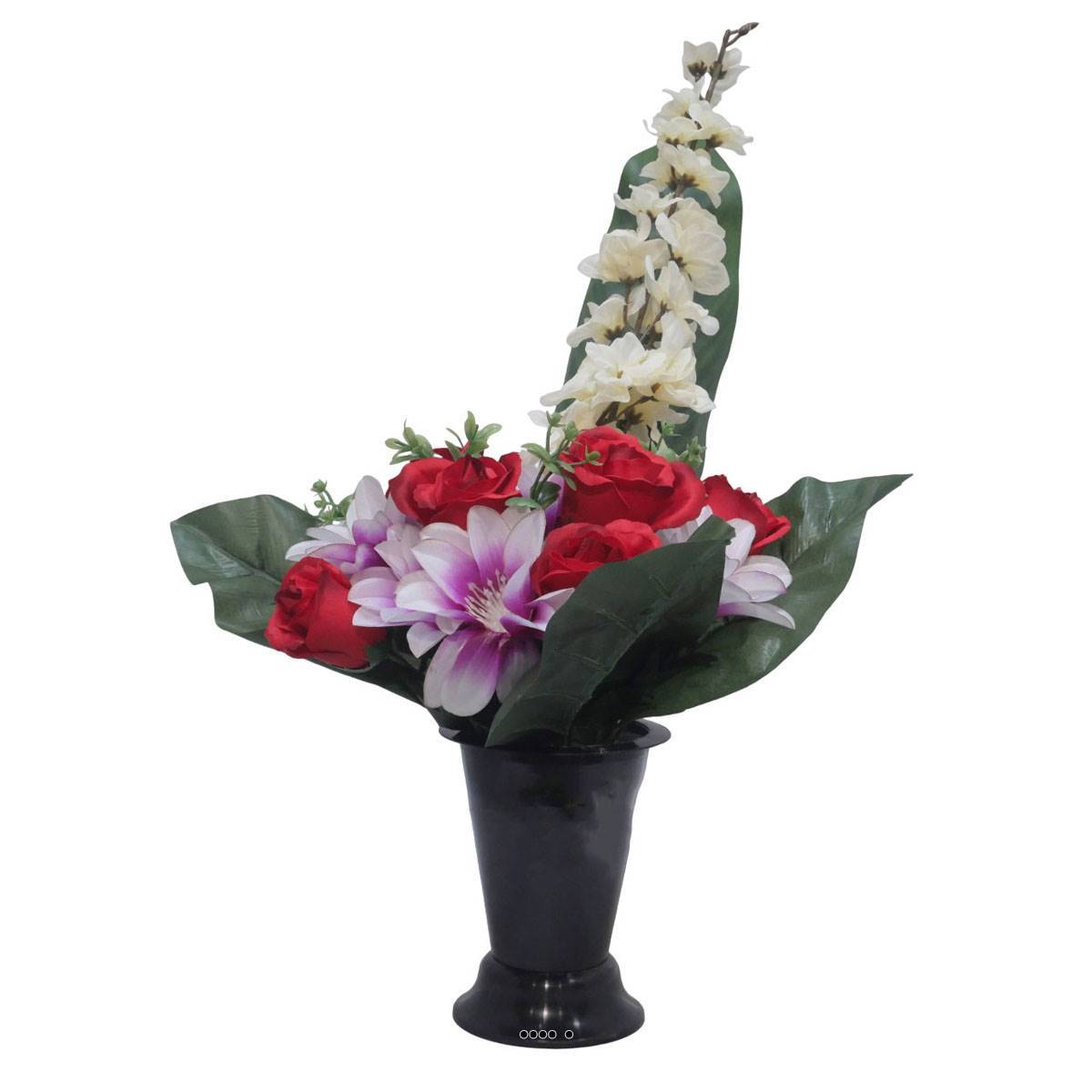 Artificielles - Pot Cone de fleurs artificielles de Rose, Orchidée et delphinium Rouge pour la Toussaint - couleur: Rouge - Image 1