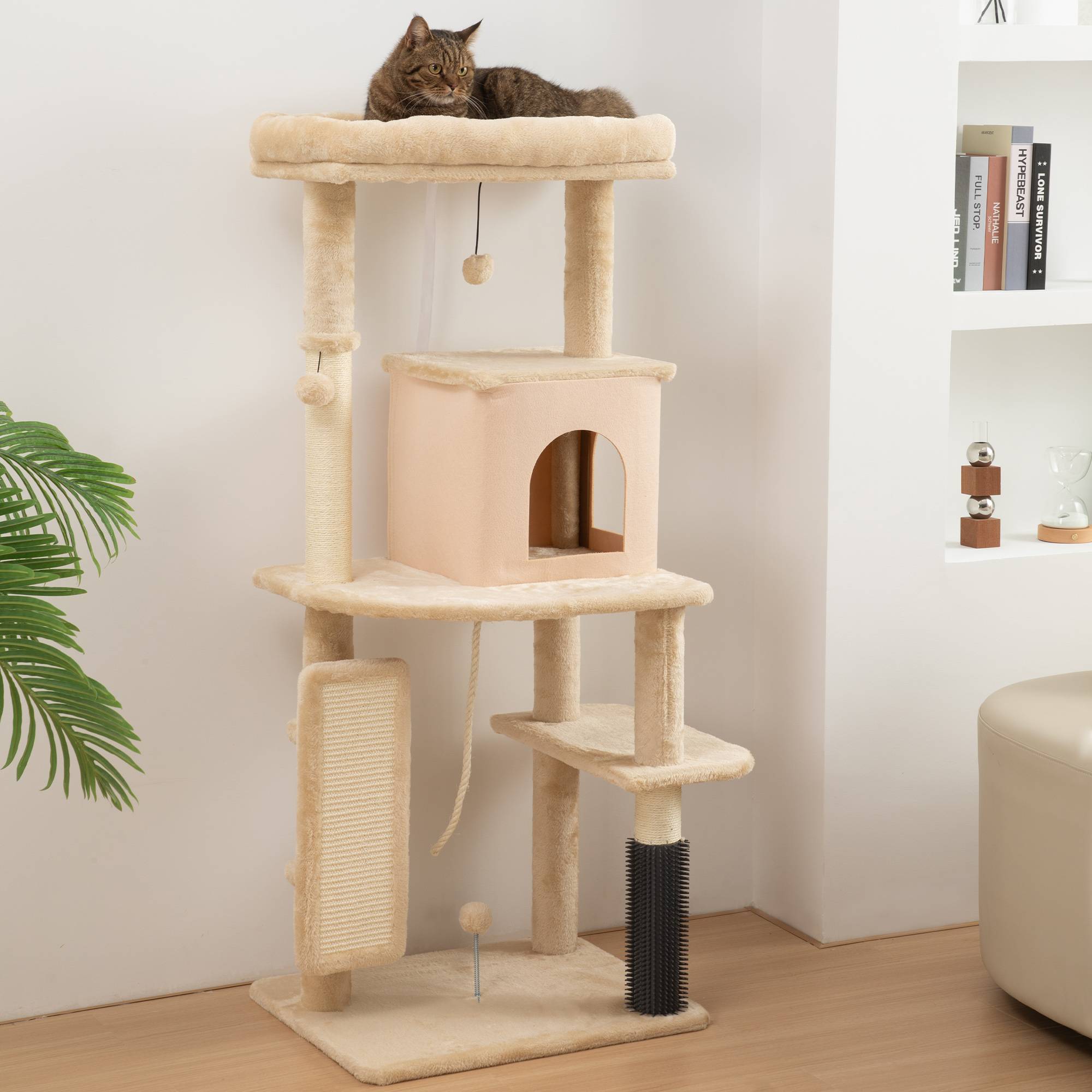 Arbre à chat beige 132 cm, plateformes, poteau brosse, balles suspendues, tapis à griffer, complet - Image 3