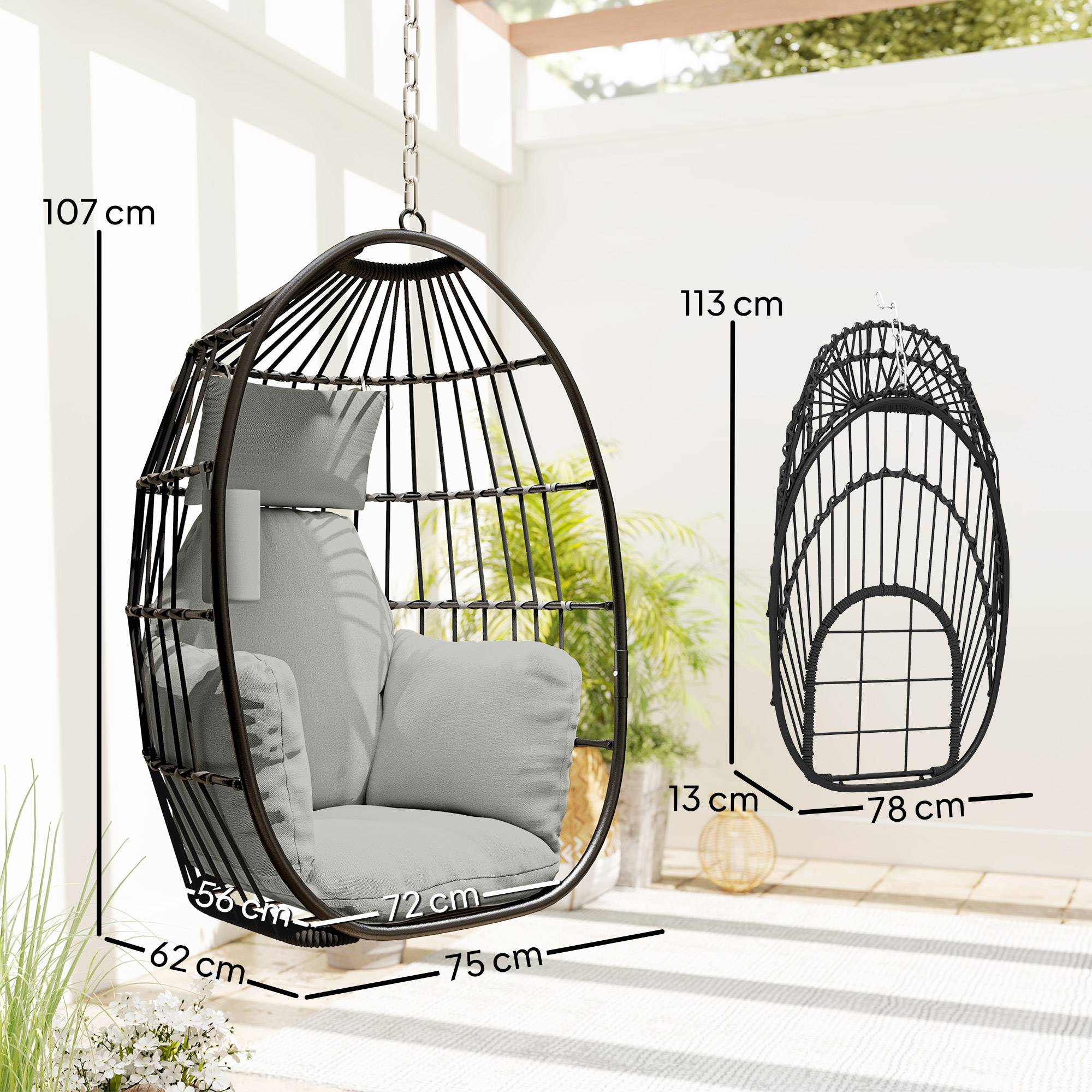 PANGIVO - Fauteuil œuf suspendu acier gris foncé 75 x 62 x 107 cm - PANGIVO - Image 5
