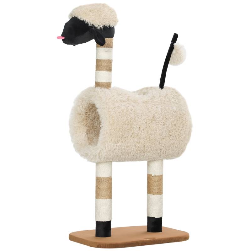 Arbre à chat design mouton, poteau à gratter, tunnel et jouet, 98 cm, marron clair - Image 1