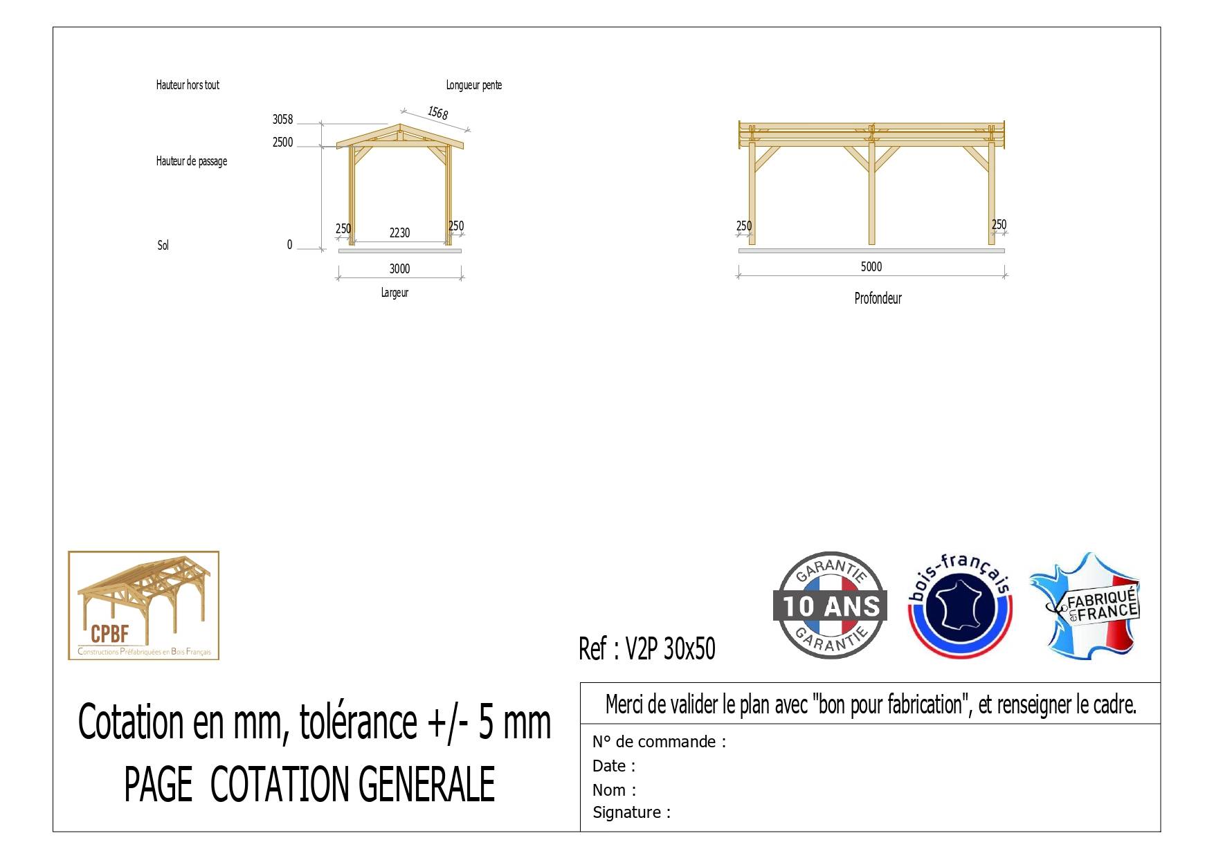 Cpbf Charpentes - Carport deux pente 300cm x 500cm, bois DOUGLAS Français (Charpente en bois-auvent-abri voiture), 15 m². Garantie 10 ans - Image 2