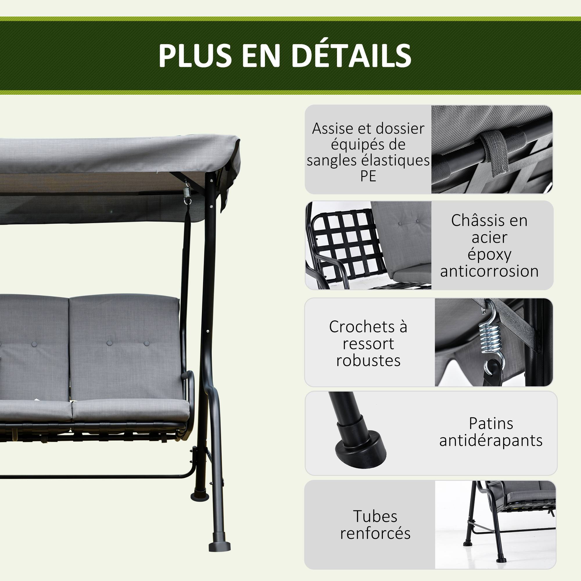 Outsunny - Balancelle de jardin 3 places grand confort toit inclinaison réglable épais coussins amovibles polyester acier époxy gris - Outsunny - Image 7